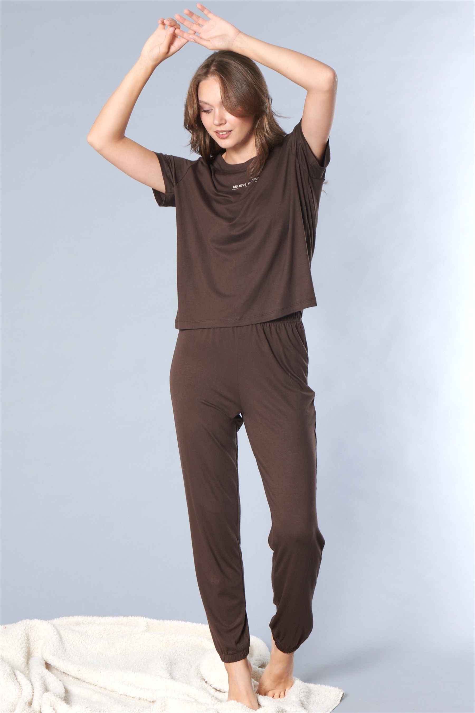 Kadın Tişört Pantolon Pijama Takımı Rahat Ev Giyim Uzun Alt Kadın Pijama Takım DOWRY 08-140