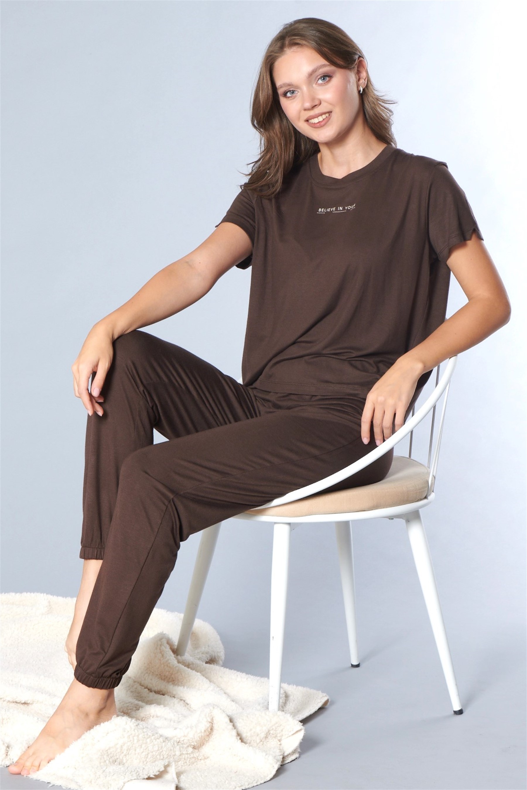 Kadın Tişört Pantolon Pijama Takımı Rahat Ev Giyim Uzun Alt Kadın Pijama Takım DOWRY 08-140