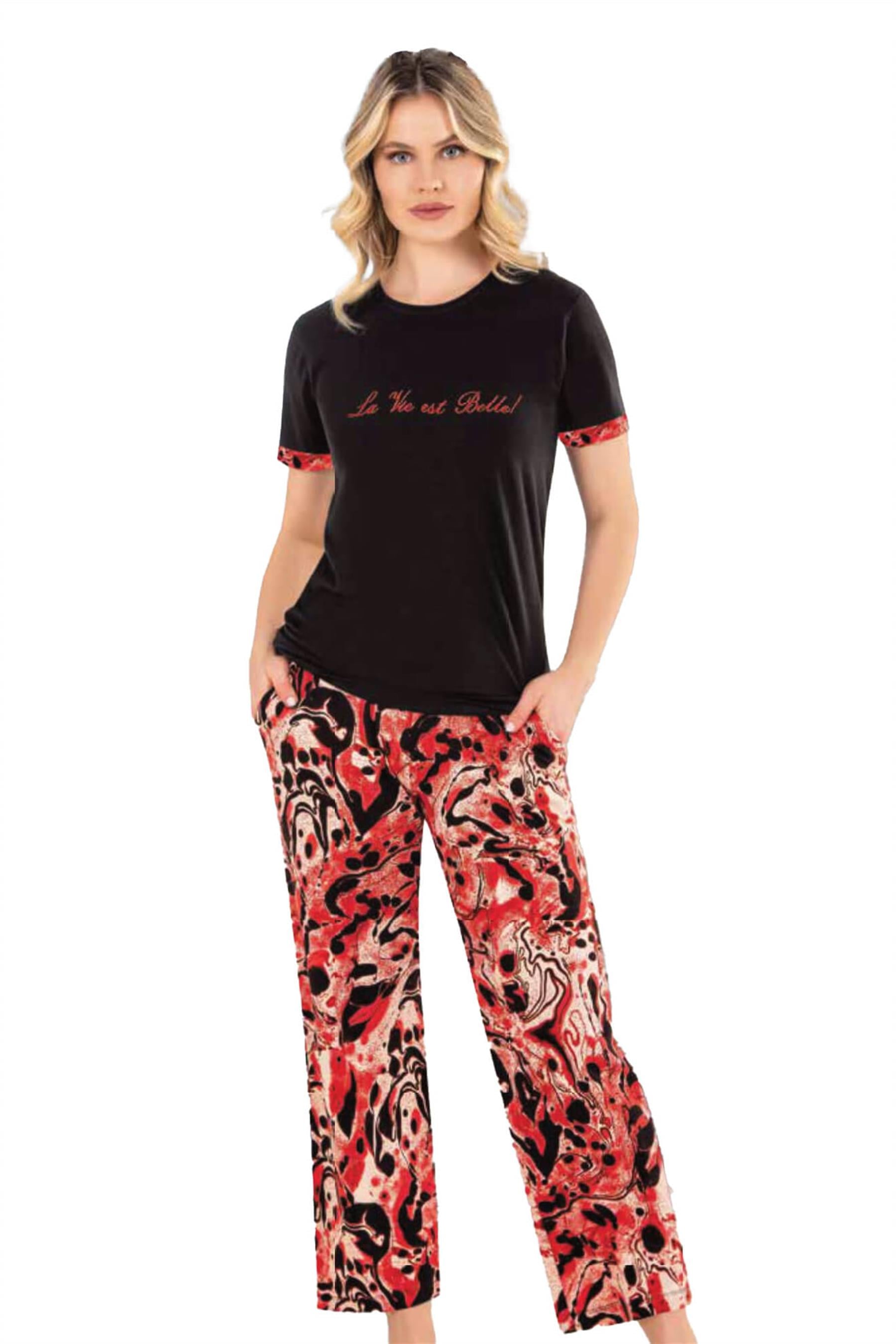 KADIN YAZLIK MODAL PAMUK DESENLİ KOL PİJAMA TAKIMI DOWRY 08-54