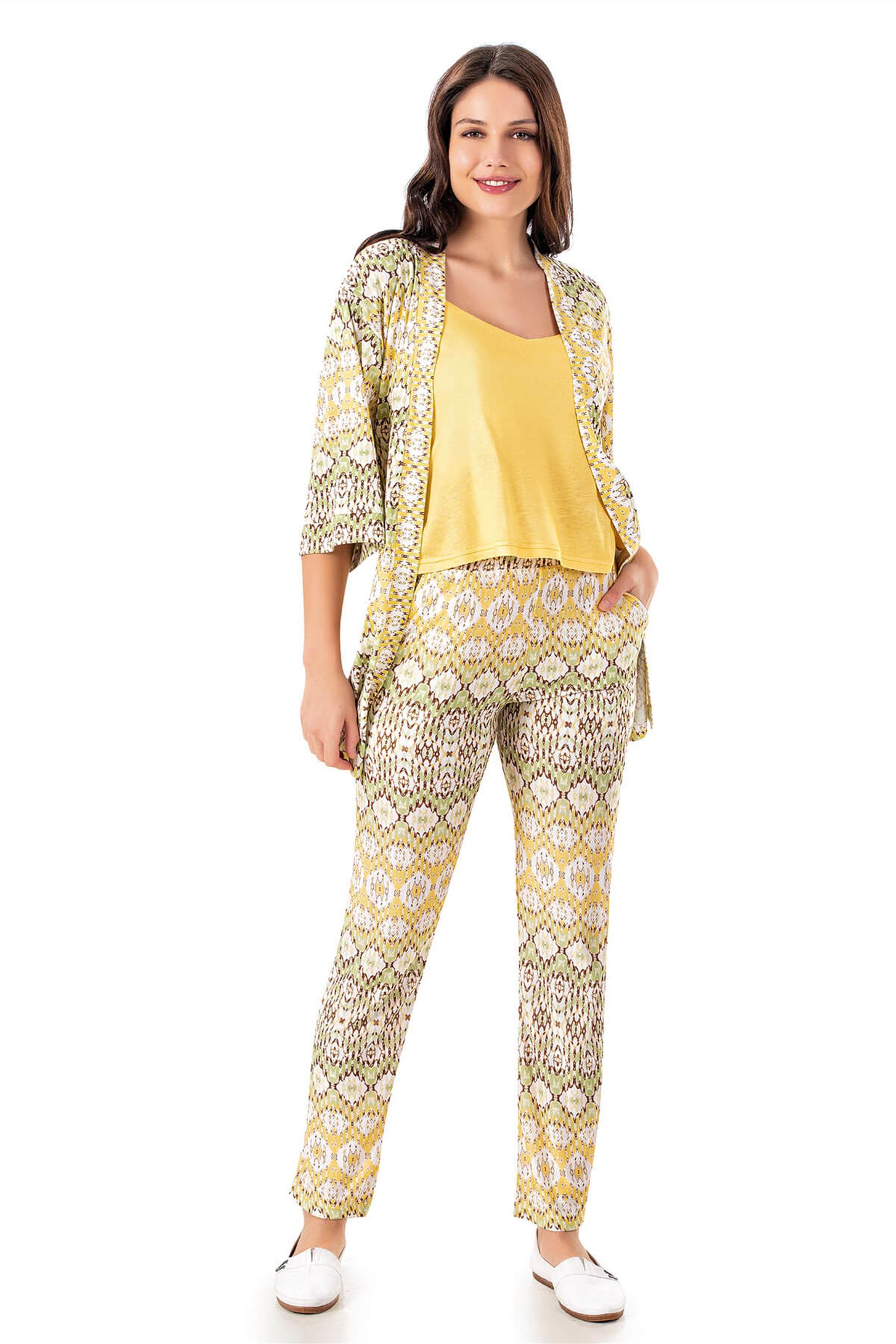 KADIN YAZLIK İP ASKILI SABAHLIKLI PİJAMA MODAL PAMUK 3LÜ SET HOMEWEAR DOWRY 15-13