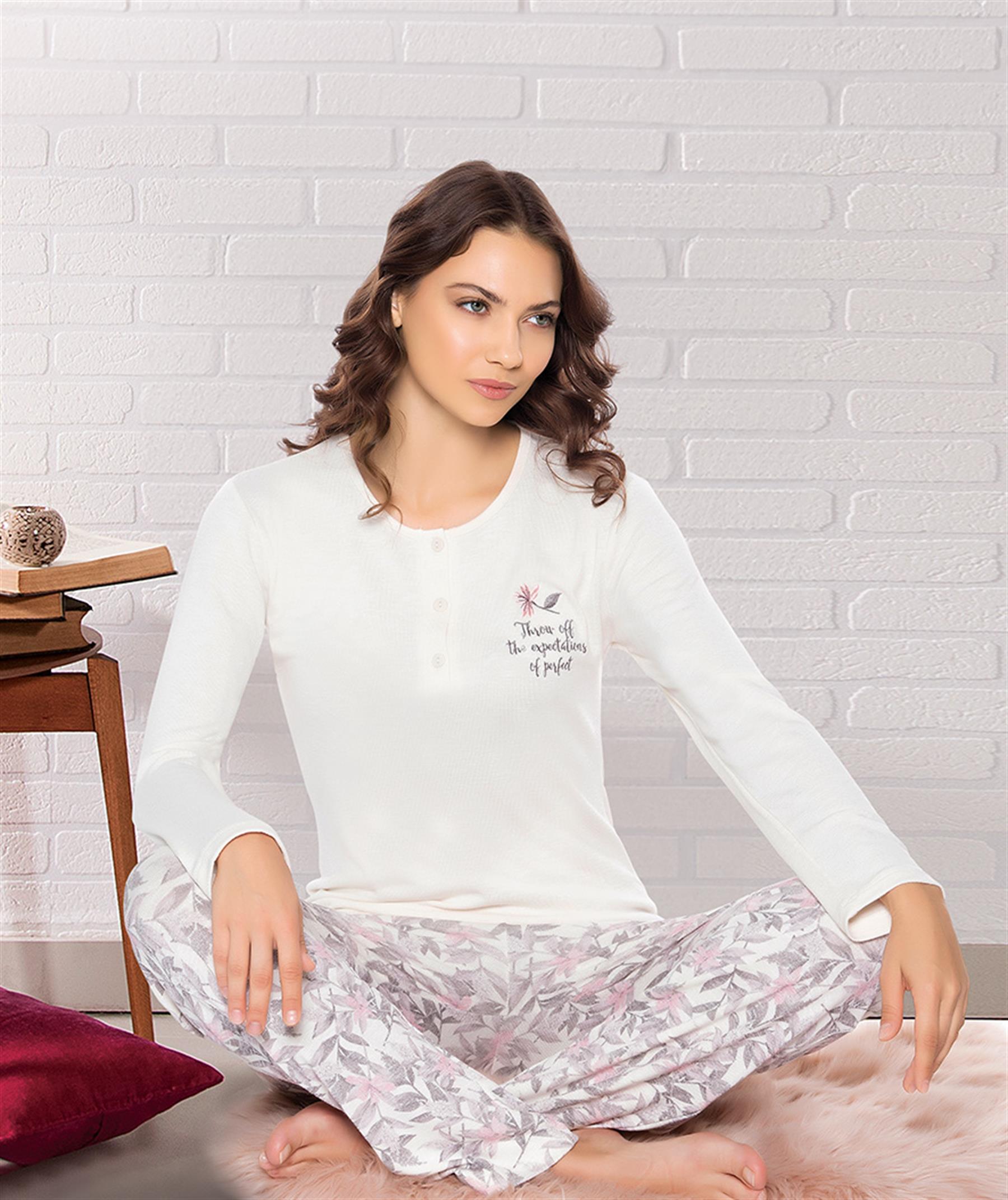 UZUN KOL JAKARLI KUMAŞ YUMUŞAK KIŞLIK ŞIK ZARİF PİJAMA TAKIM DOWRY 09-164