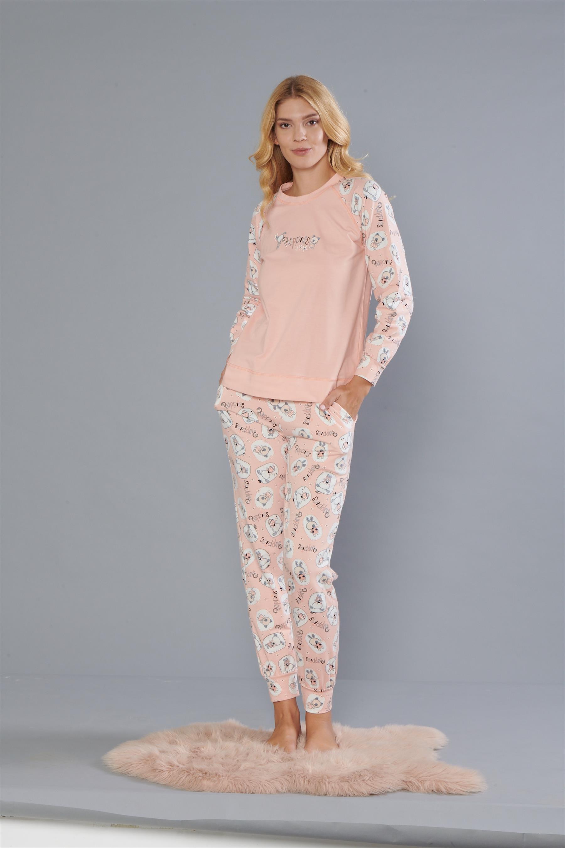 DOWRY Kadın Pamuk Sevimli Desen Uzun Kollu Kışlık Pijama Takımı 09-274