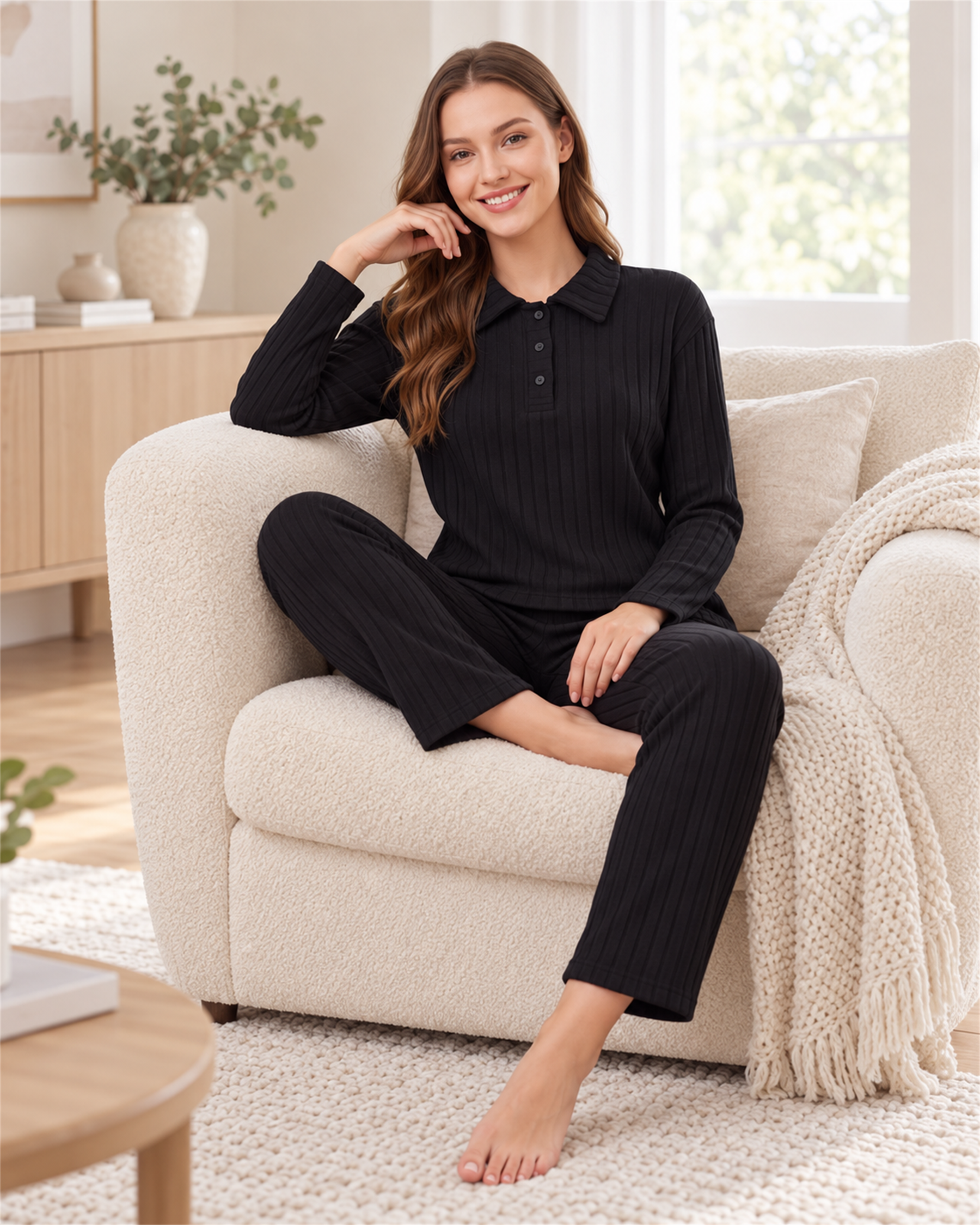 Kadın Kışlık Kaşkorse Homewear Takım Yakalı Uzun Kollu Çizgi Dokulu Örme Pijama S M L XL 09-303