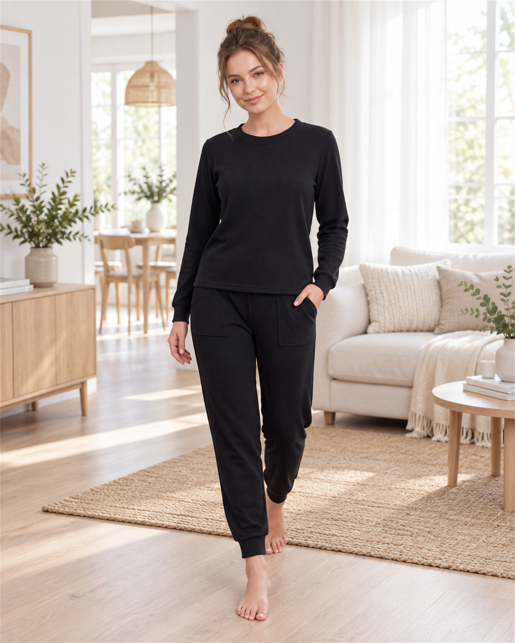 Kadın Kışlık Kaşkorse Pijama Takımı Bisiklet Yaka Uzun Kollu Örme Homewear S M L XL 09-306