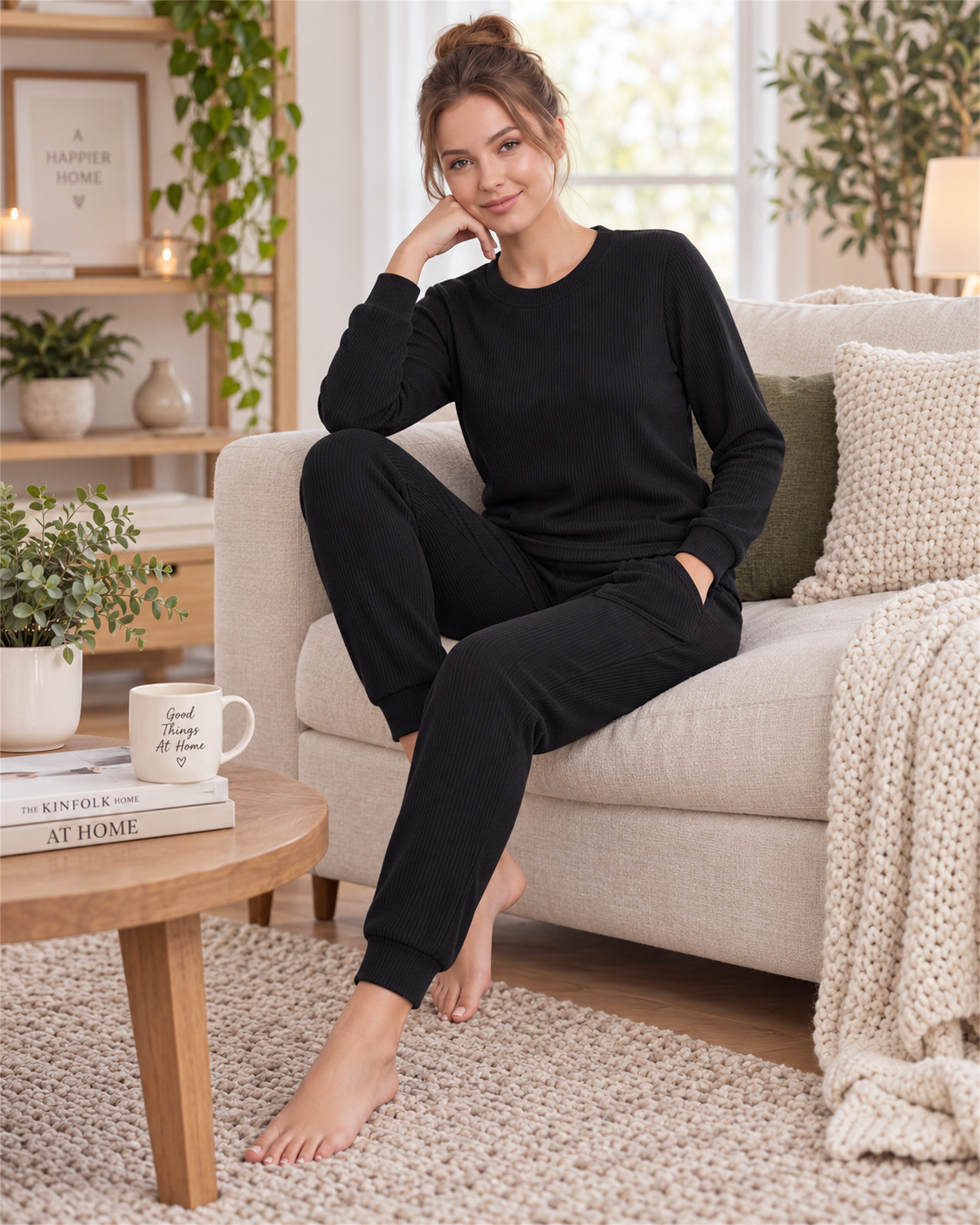 Kadın Kışlık Kaşkorse Pijama Takımı Bisiklet Yaka Uzun Kollu Örme Homewear S M L XL 09-306