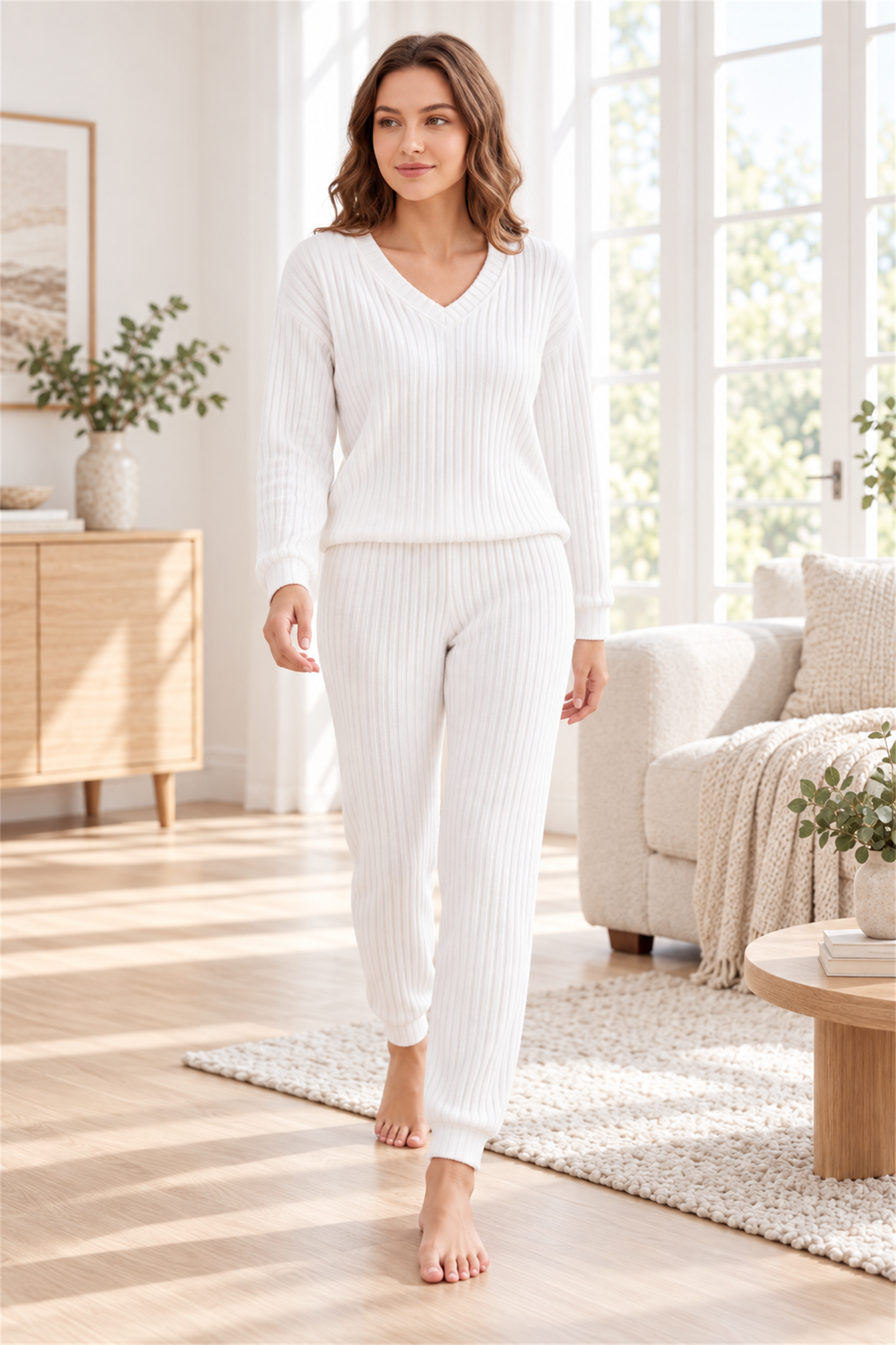 Kadın Kışlık Örme Kaşkorse Pijama Takımı V Yaka Uzun Kollu Çizgi Desenli Homewear S M L XL 09-308