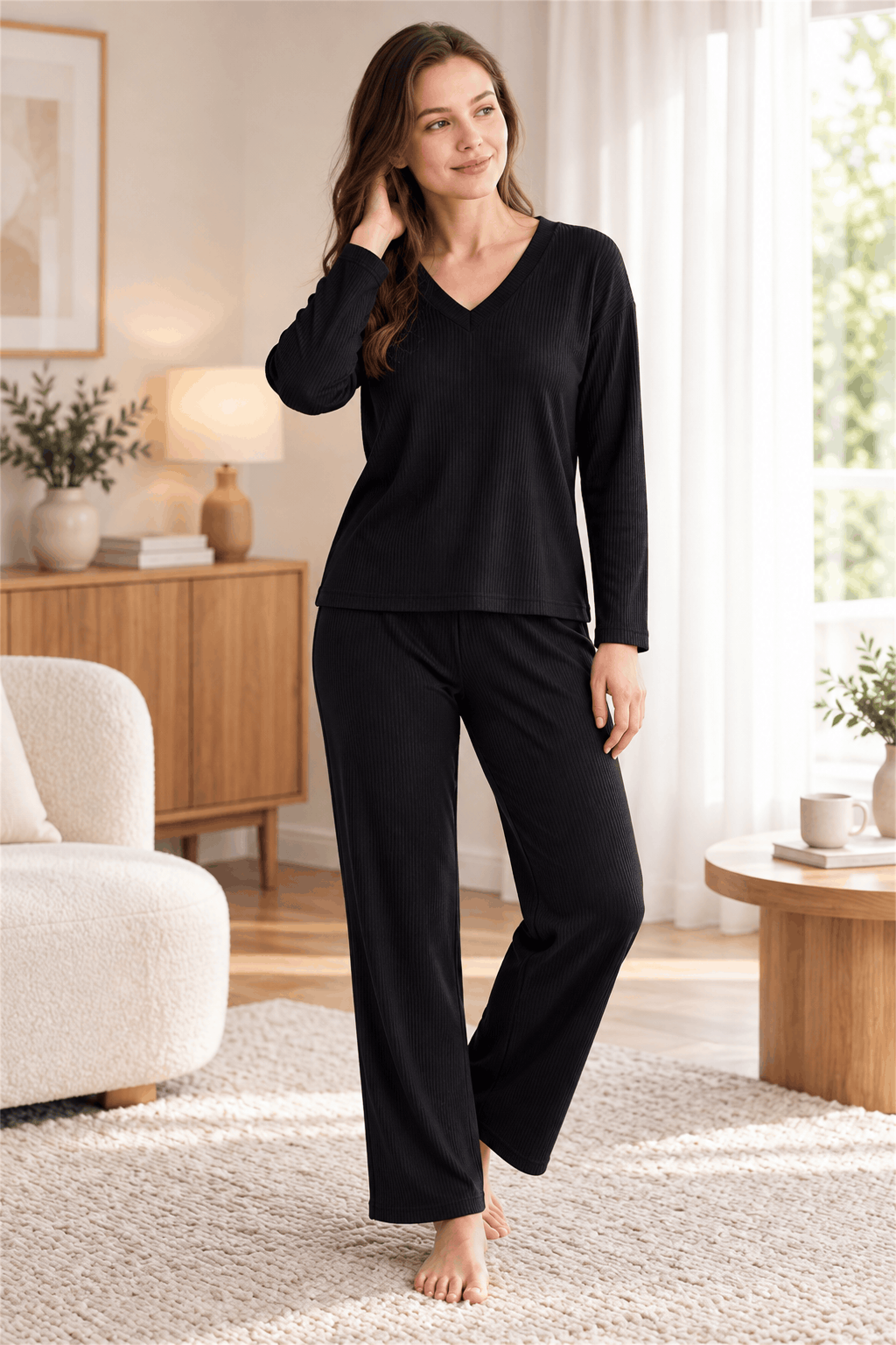 Kadın Kaşkorse Pijama Takımı V Yaka Uzun Kollu Spor Kesim Modern Şık Rahat Homewear S-XL 09-309