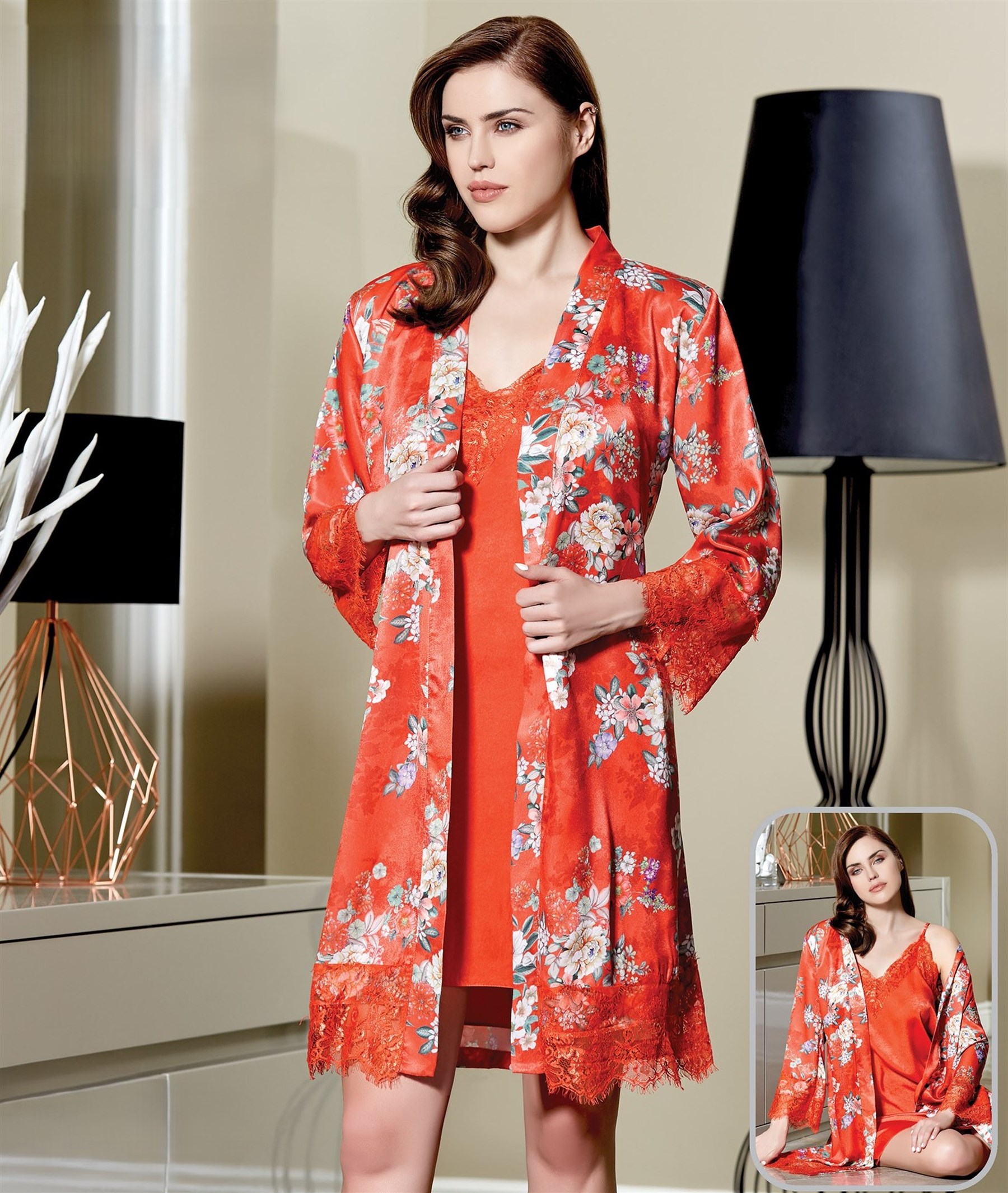 Lüks Saten Gecelik Sabahlık Takım – Dantel Detaylı Şık Kadın Gecelik FLZ 32-177