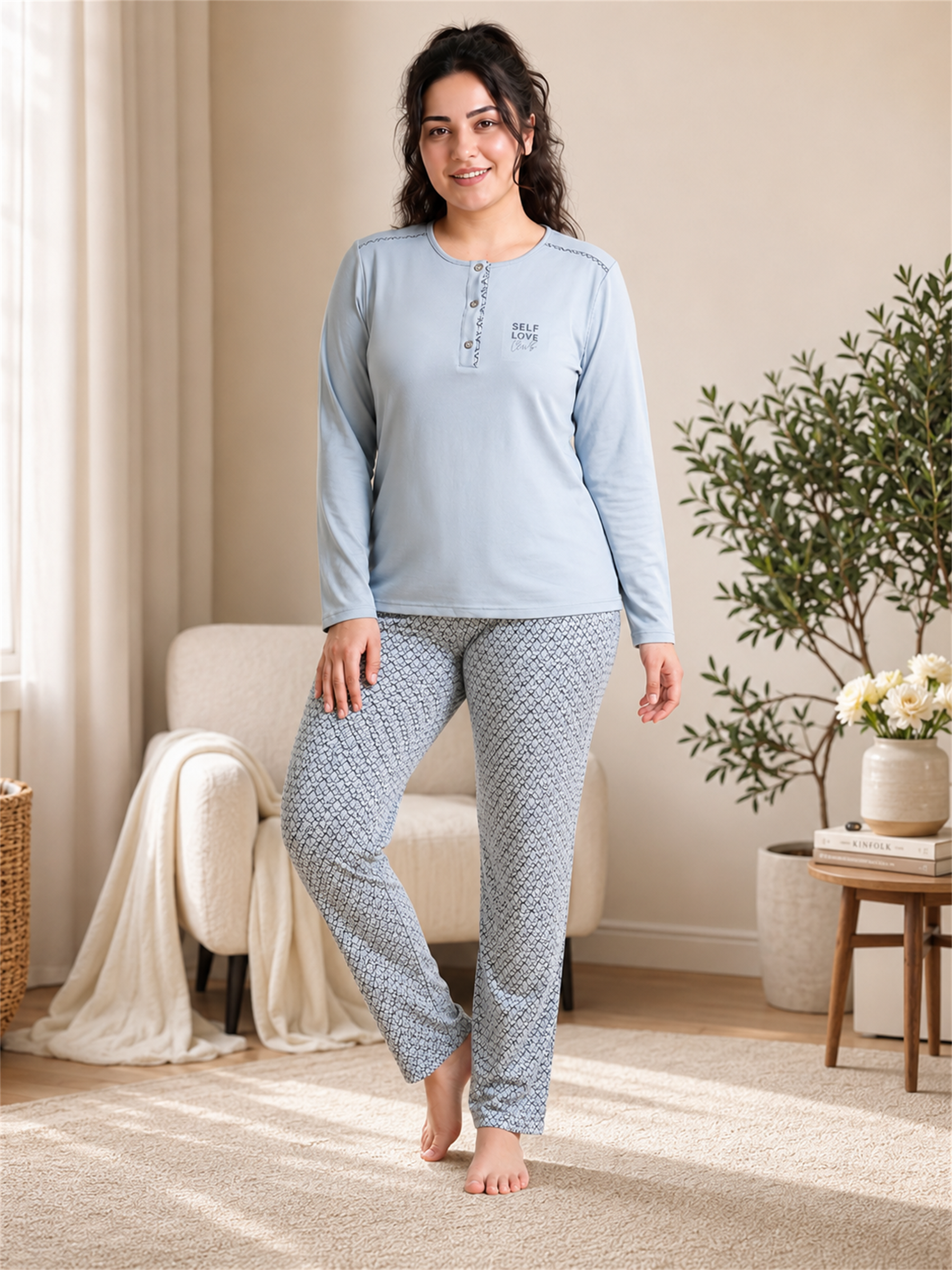 Kadın Büyük Beden Kışlık Viskon Pijama Takımı 3XL 4XL 5XL 6XL | Uzun Kollu 3 Düğmeli B89-101