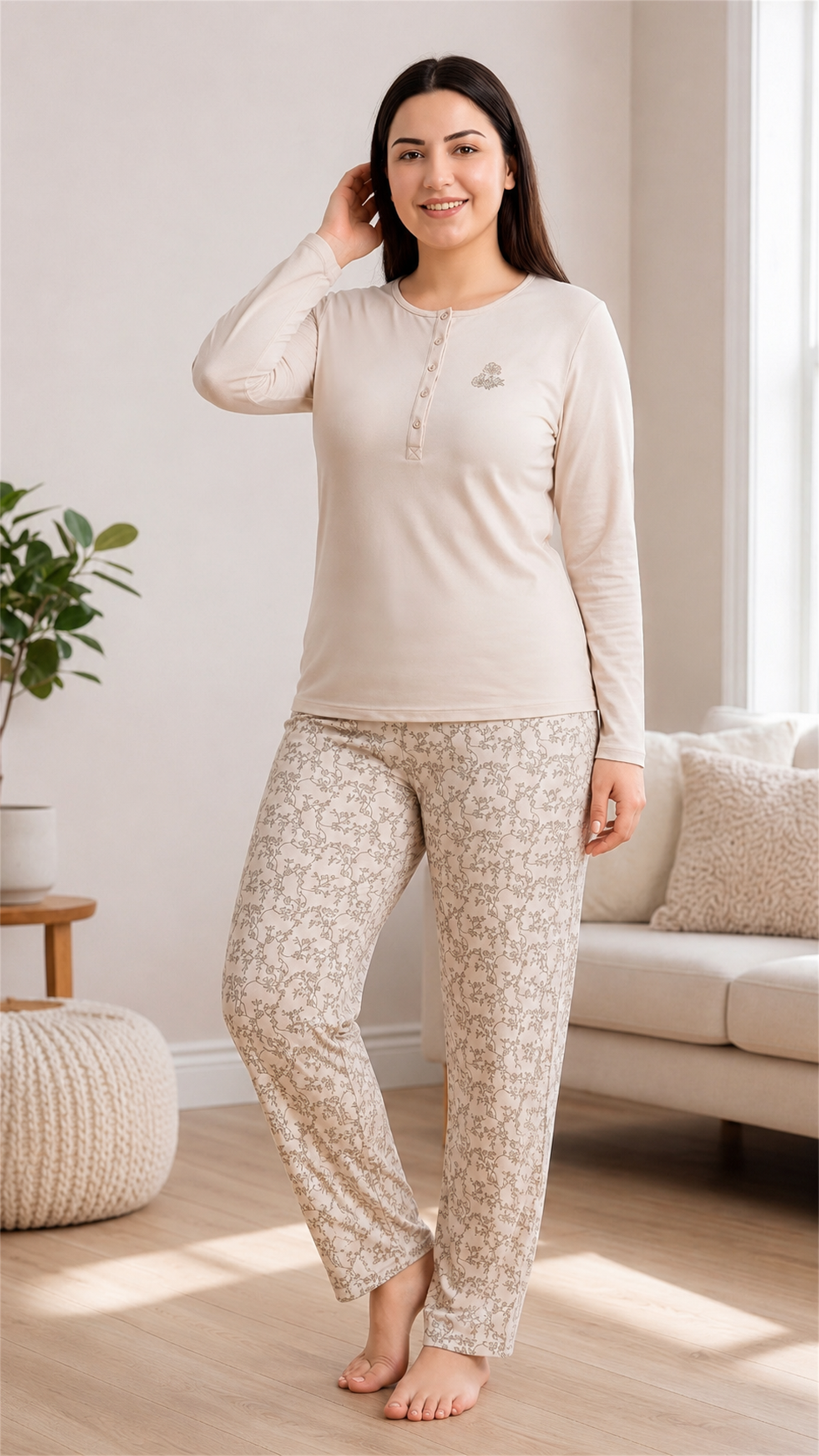 Kadın Kışlık Viskon Pijama Takımı M L XL XXL | Uzun Kollu Boydan Düğmeli Şık Ev GiyimI B89-100