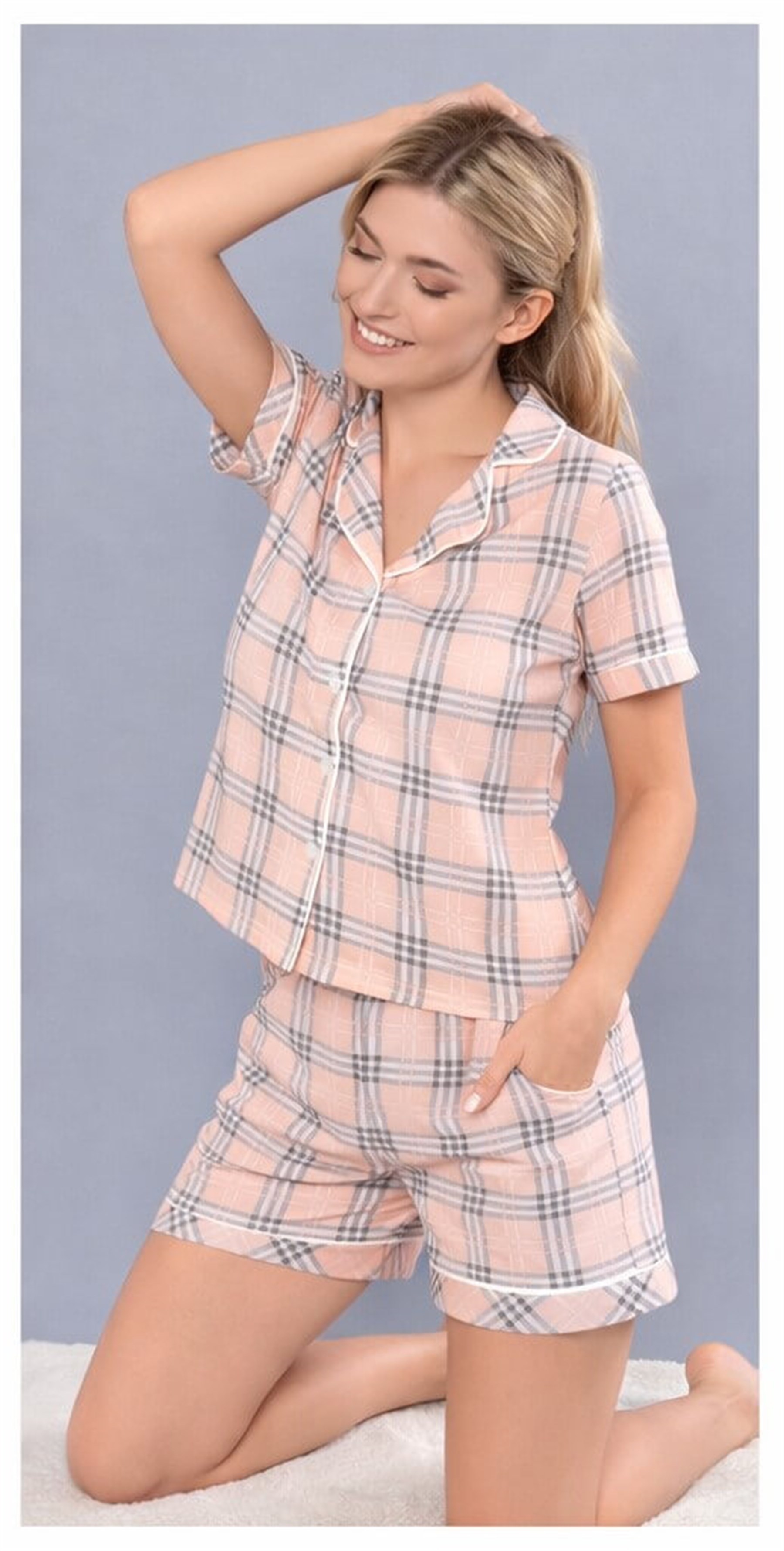 Kadın Ekose Pijama Takımı Boydan Düğmeli Şortlu Viskon Yazlık Rahat Ev Giyim DOWRY 86-61