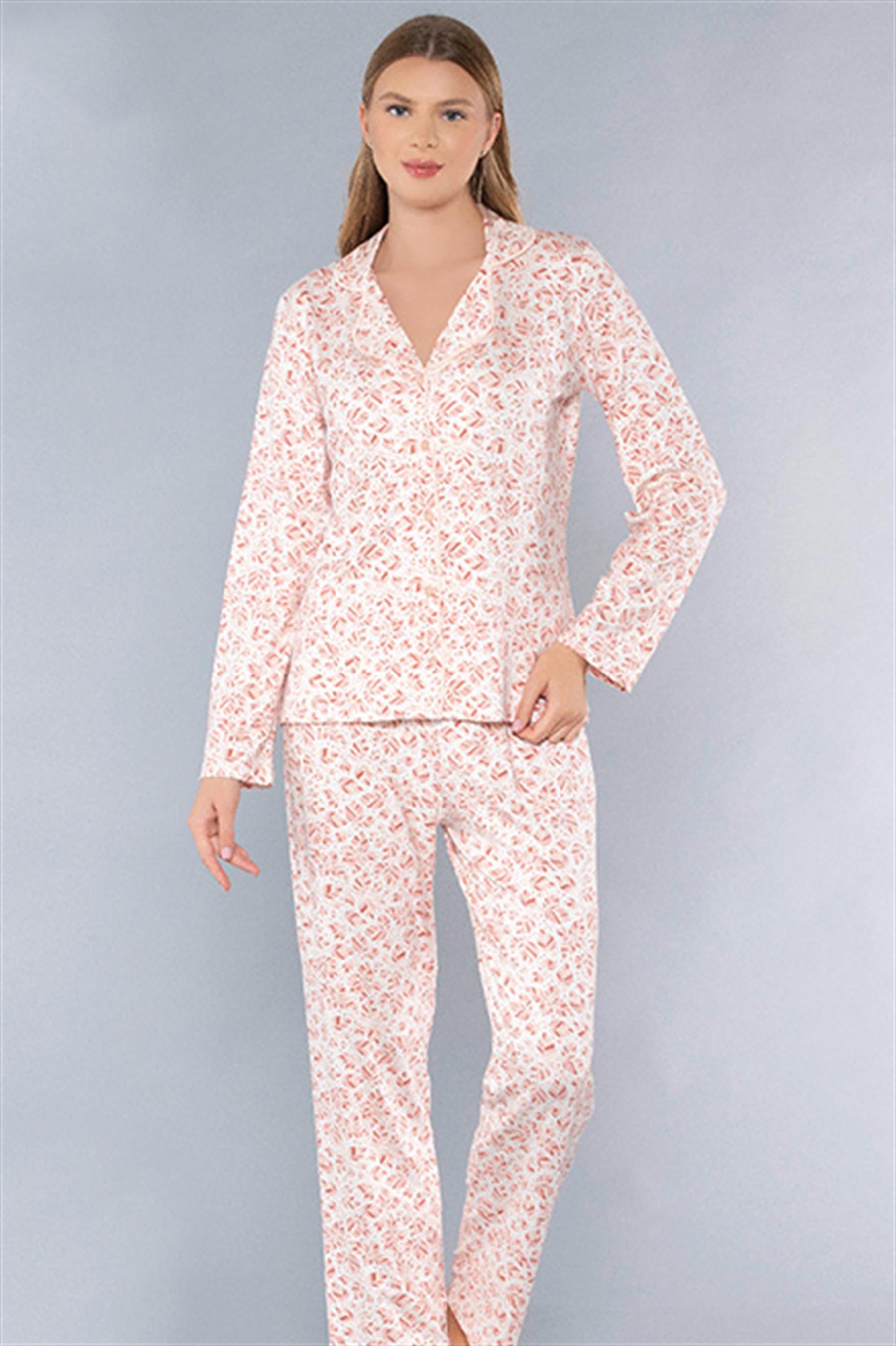 BOYDAN DÜĞMELİ ZAKKUM UZUN KOL GÖMLEK PİJAMA TAKIMI FLZ 89-105