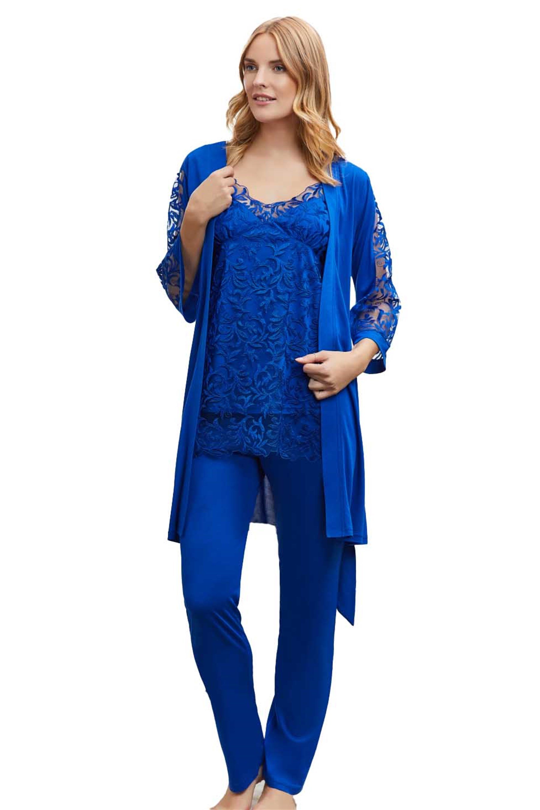 KADIN YAZLIK DANTEL DETAYLI ÜÇLÜ KLASİK ÇEYİZ PİJAMA TAKIM FLZ 31-326