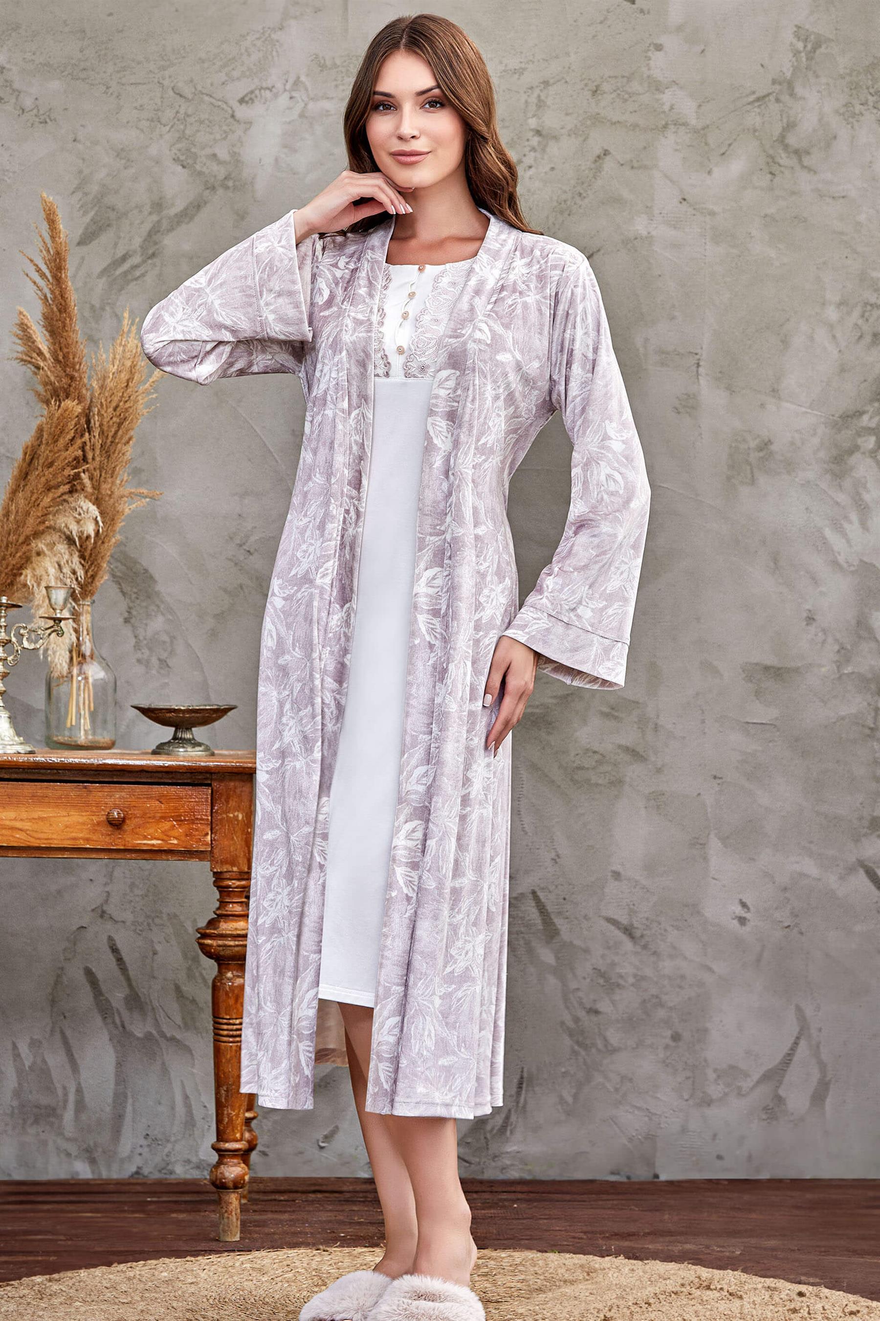 KADİFE SABAHLIK ZAKKUM GECELİK ŞIK ZARİF 2Lİ SET ÇEYİZ ÖZEL GÜNLER FLZ 32-48