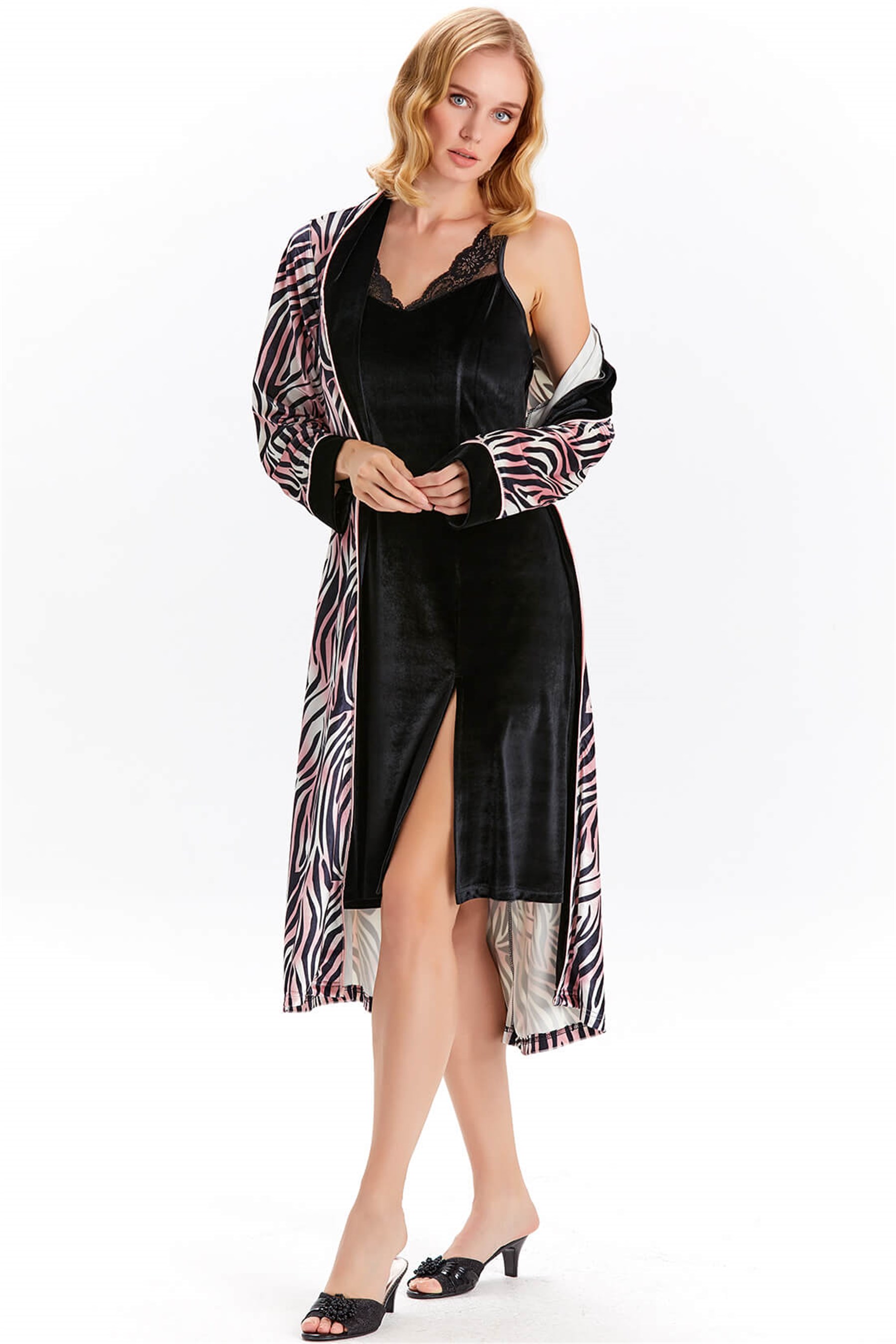 KADIN KADİFE SABAHLIKLI GECELİK DANTEL DETAYLI FANTAZİ 2Lİ SET FLZ 32-247