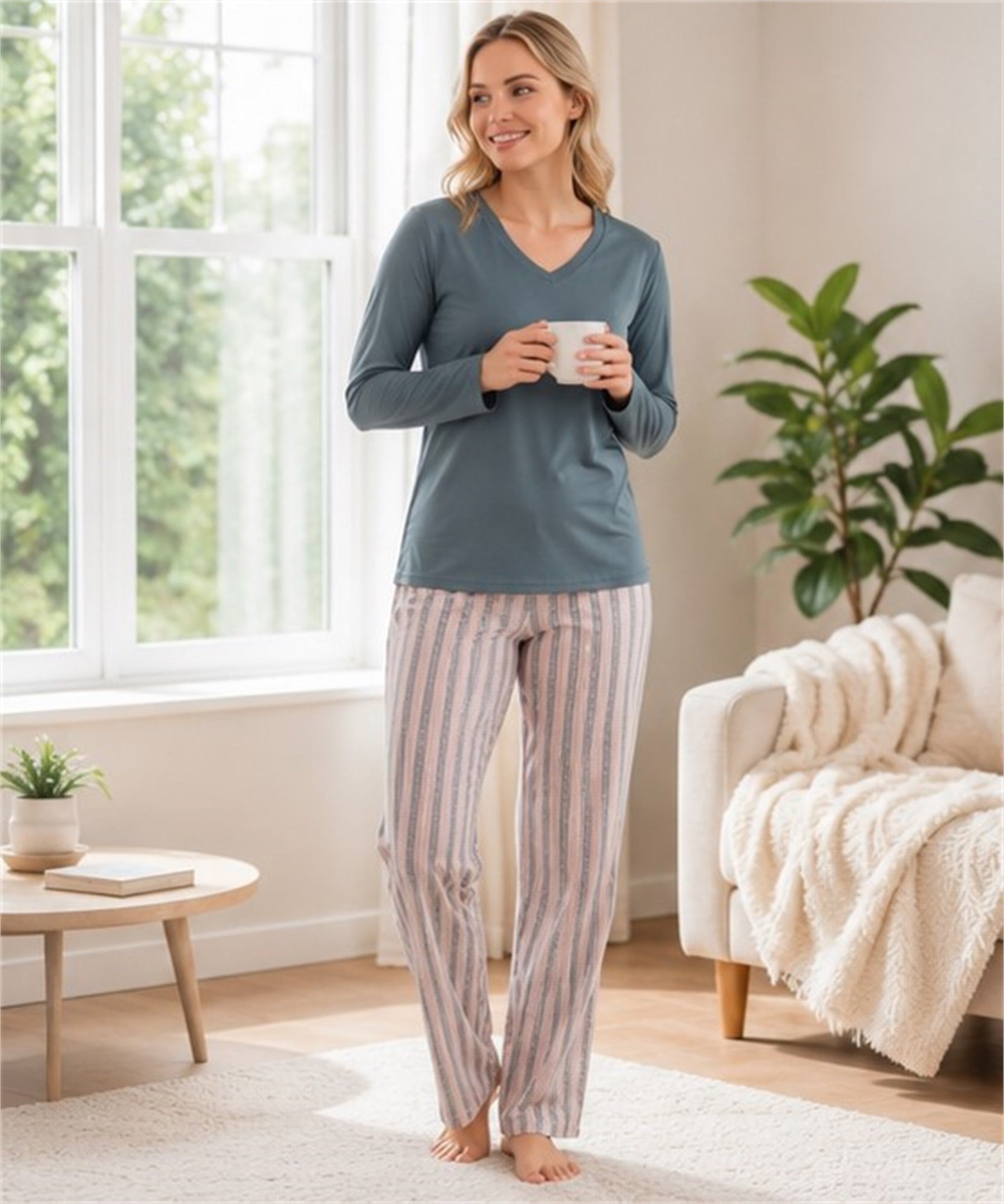 FLZ Kadın Kışlık Viskon Pijama Takımı Uzun Kollu V Yaka Rahat Kalıp M L XL XXL 89-161
