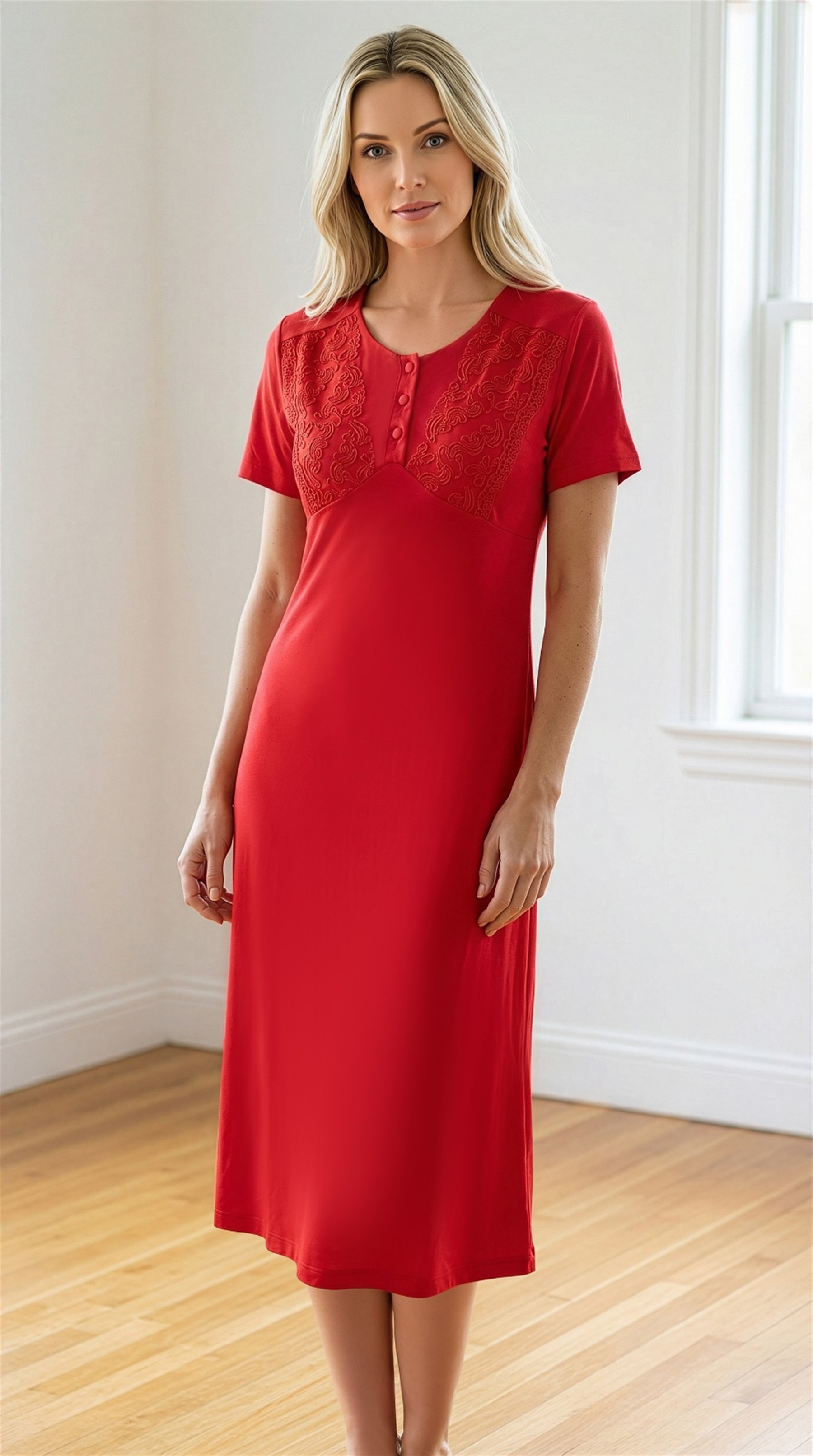 Dantel Detaylı Klasik Kadın Gecelik – 3 Düğmeli Zakkum Kumaş Zarif ve Rahat Tunik FLZ 38-40