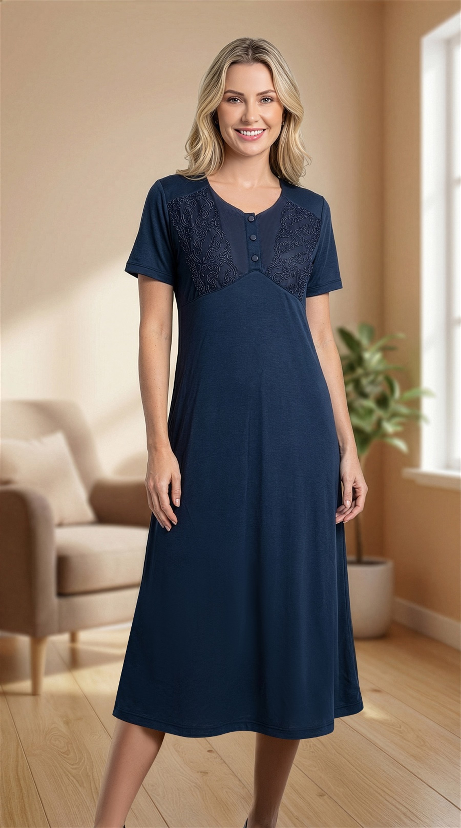 Dantel Detaylı Klasik Kadın Gecelik – 3 Düğmeli Zakkum Kumaş Zarif ve Rahat Tunik FLZ 38-40