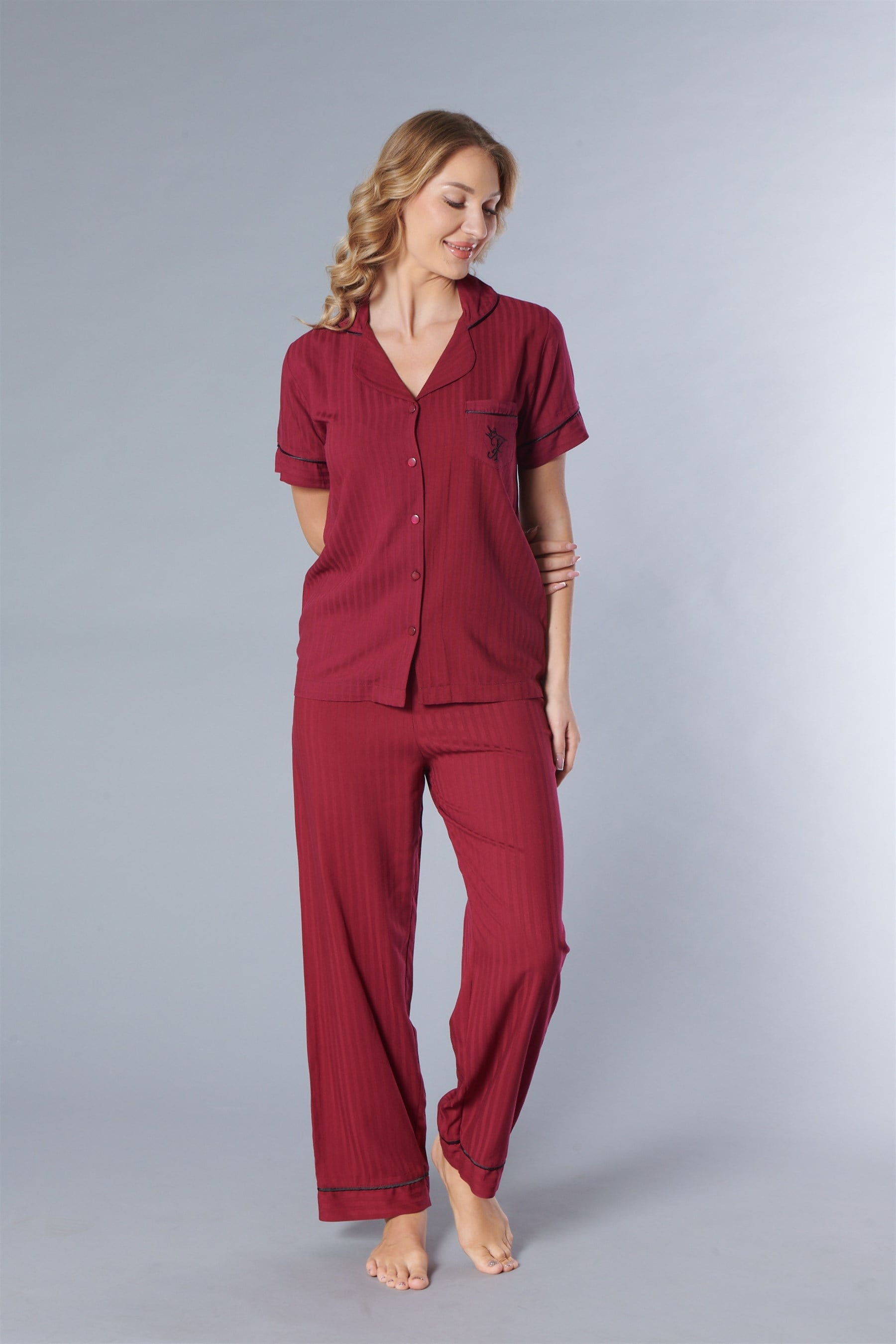 KISA KOL ÇİZGİLİ DOKUMA  PİJAMA TAKIMI 88-132