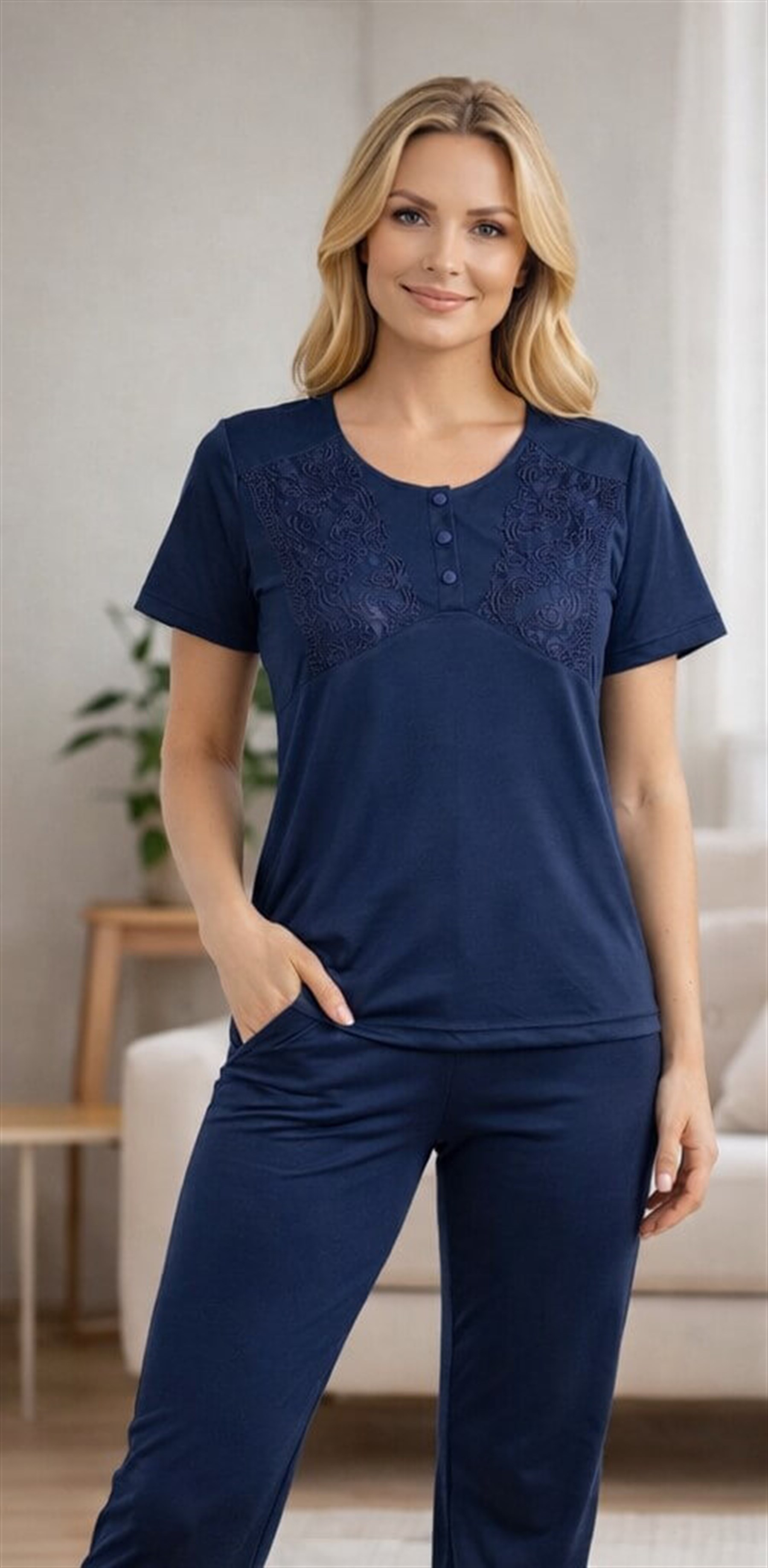 Kadın Dantel Detaylı Pijama Takımı – Rahat Ev Giyim Takımı | FLZ 88-135