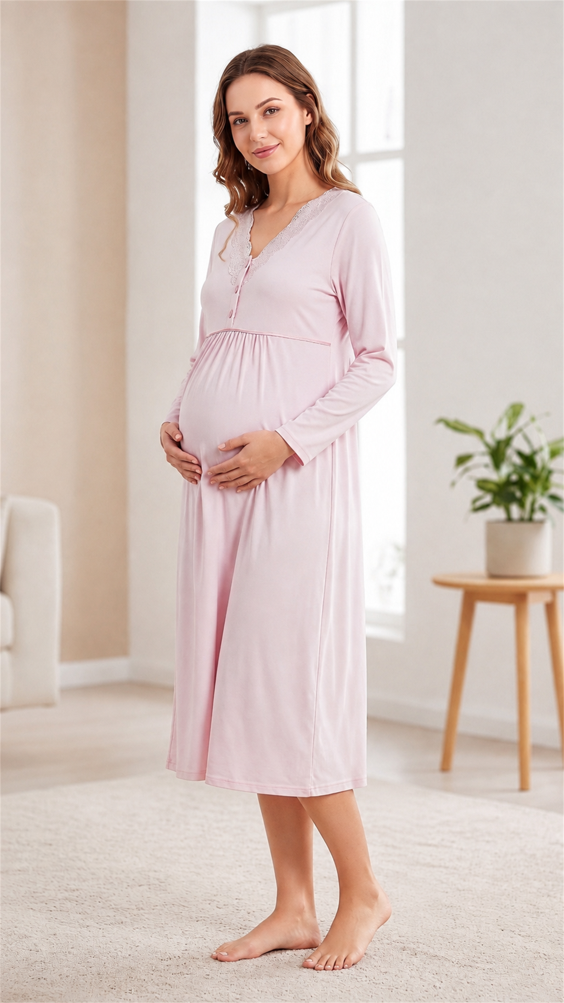 Kadın Hamile Lohusa Viskon Gecelik Mevsimlik Uzun Kollu Dantelli Emzirme Detaylı M L XL XXL 23-60