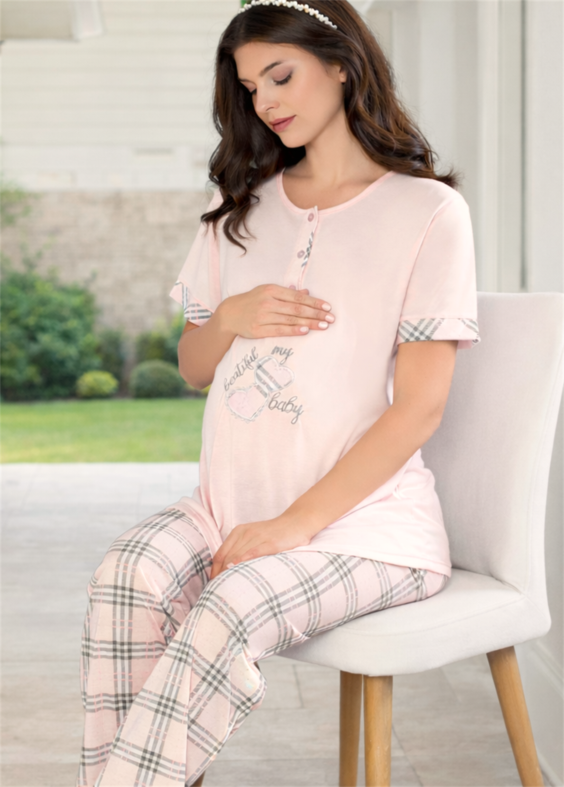 Hamile Pijama Takımı – Desenli Lohusa Pijama Rahat ve Şık Yazlık FLZ 24-80