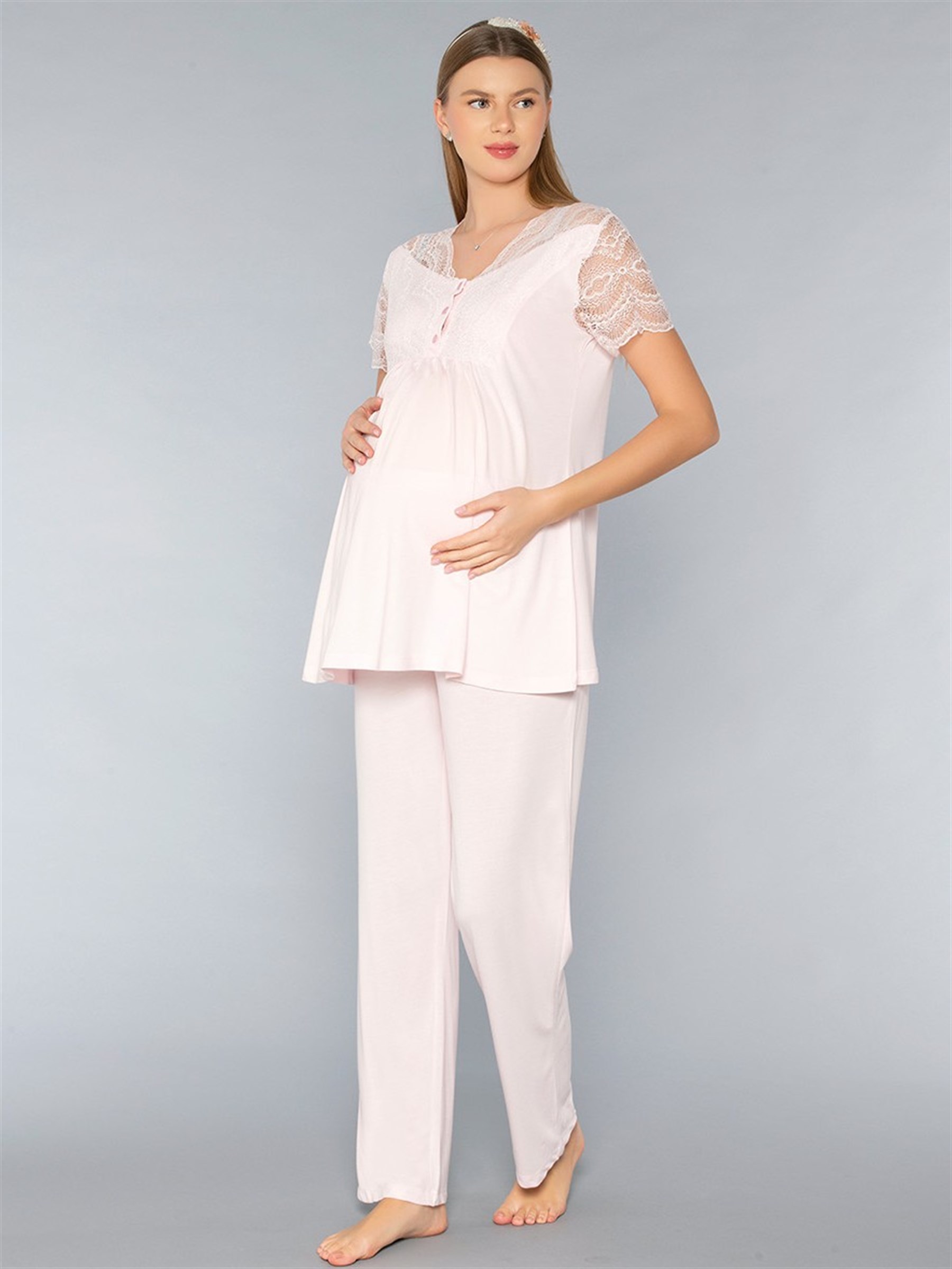 Hamile Pijama Takımı – Dantel Detaylı Lohusa Pijama Rahat ve Şık FLZ 24-02.