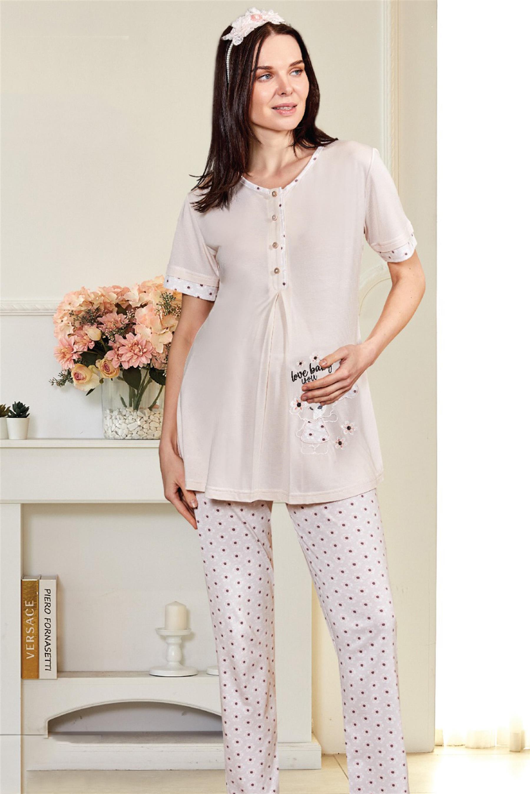 LOHUSA HAMİLE KISA KOL PİJAMA TAKIMI NAKIŞ DETAYLI HASTANE ÇIKIŞI EMZİRME DÜĞMELİ FLZ  24-55