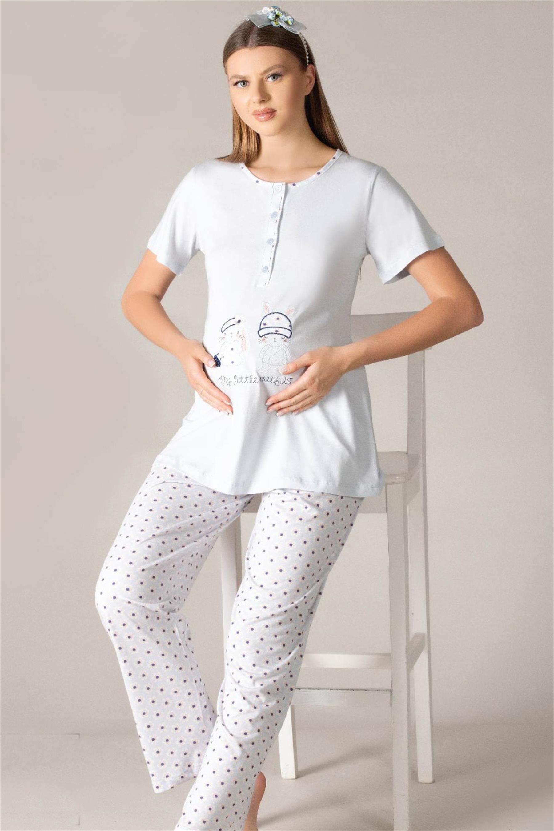 LOHUSA HAMİLE KISA KOL PİJAMA TAKIMI NAKIŞ DETAYLI HASTANE ÇIKIŞI EMZİRME DÜĞMELİ FLZ   24-57
