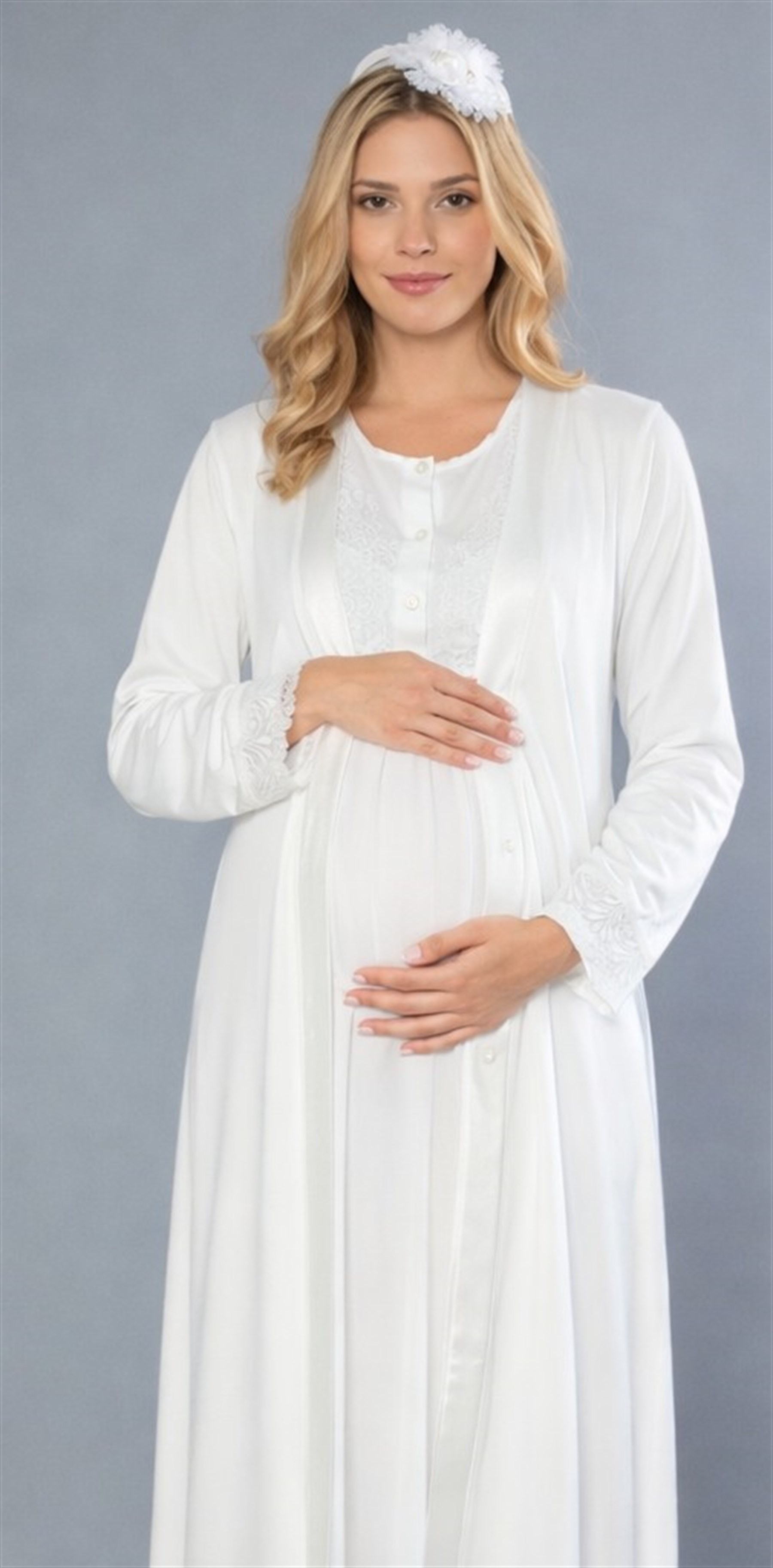 Lohusa Gecelik Sabahlık Takımı – Uzun Kollu Dantel Detaylı Hamile Gecelik FLZ 32-80