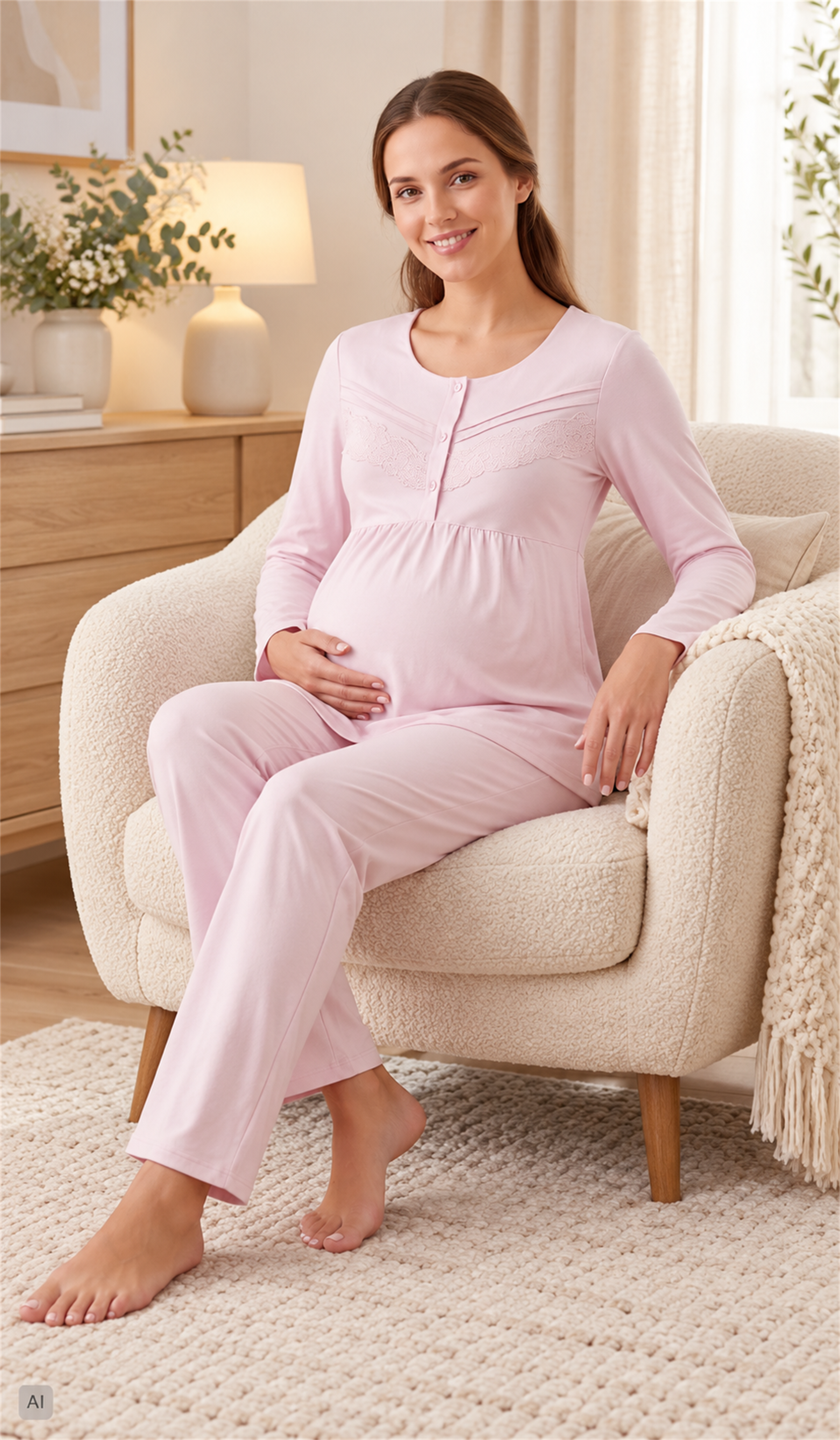 Hamile Lohusa Viskon Pijama Takımı Uzun Kollu Dantel Detaylı Emzirme Uyumlu 25-18