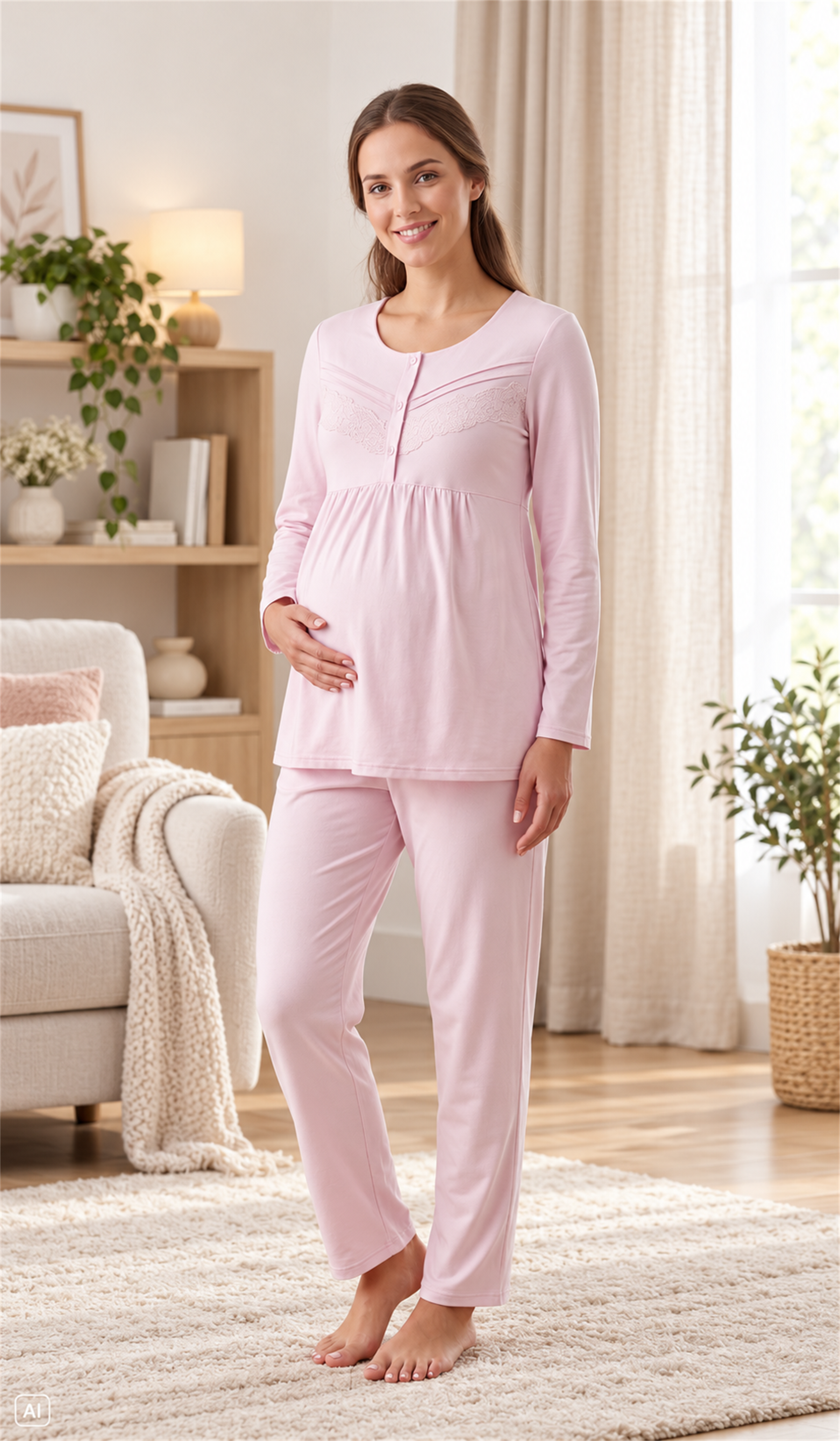 Hamile Lohusa Viskon Pijama Takımı Uzun Kollu Dantel Detaylı Emzirme Uyumlu 25-18