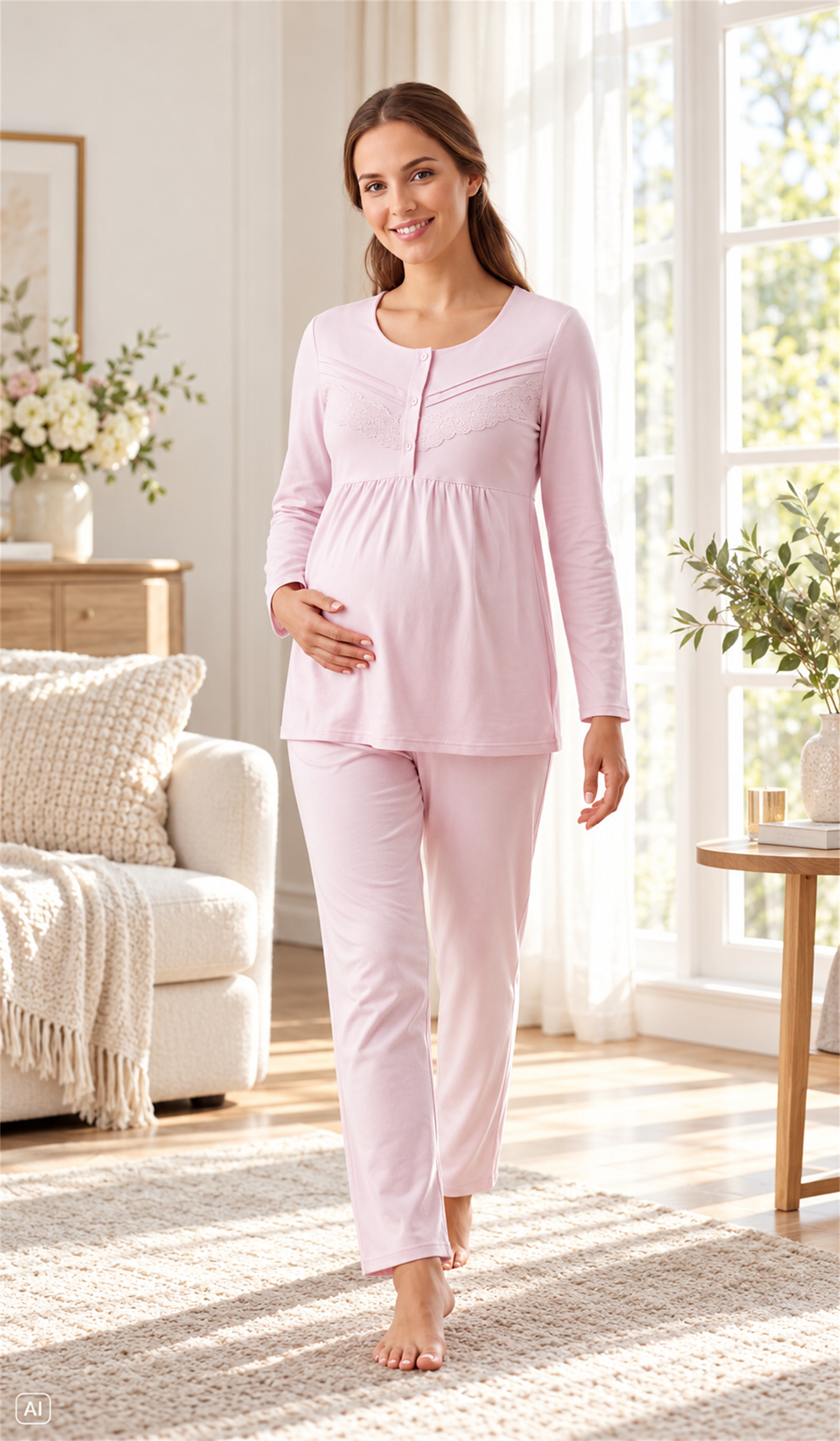 Hamile Lohusa Viskon Pijama Takımı Uzun Kollu Dantel Detaylı Emzirme Uyumlu 25-18