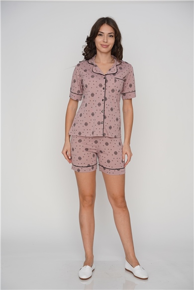 FLZ Kadın Desenli Boydan Düğmeli Şortlu Pijama Takımı Rahat Yazlık Ev Giyim FLZ 86-49