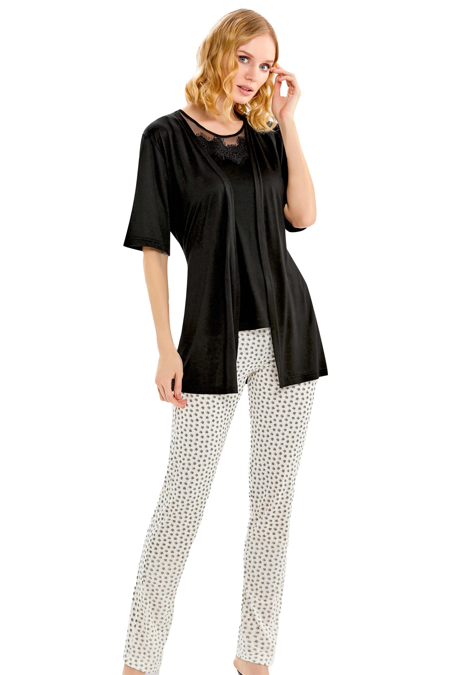 KADIN YAZLIK SABAHLIKLI SIFIR KOL DANTEL DETAYLI ÜÇLÜ SET SİYAH HOMEWEAR FLZ 31-14