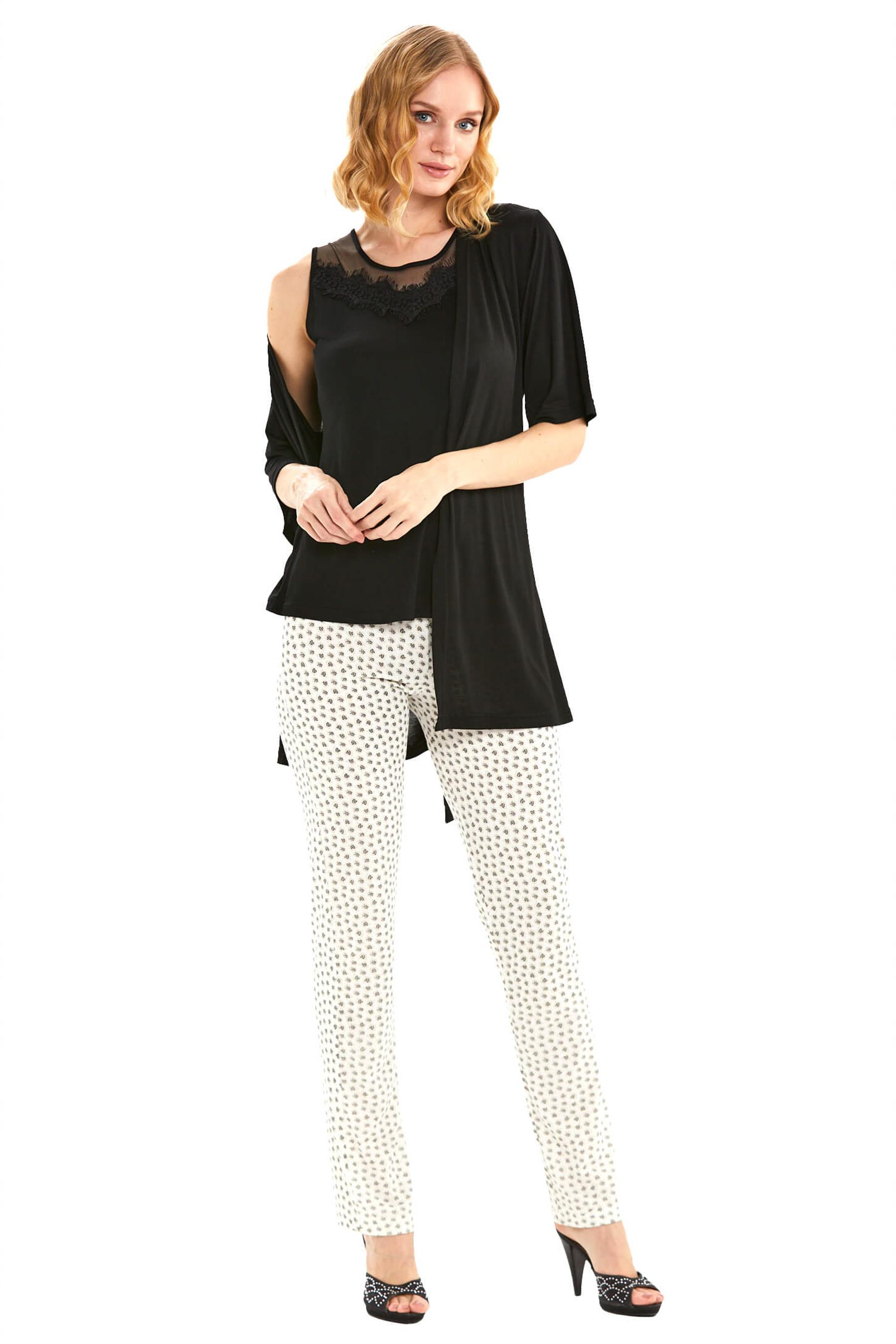 KADIN YAZLIK SABAHLIKLI SIFIR KOL DANTEL DETAYLI ÜÇLÜ SET SİYAH HOMEWEAR FLZ 31-14