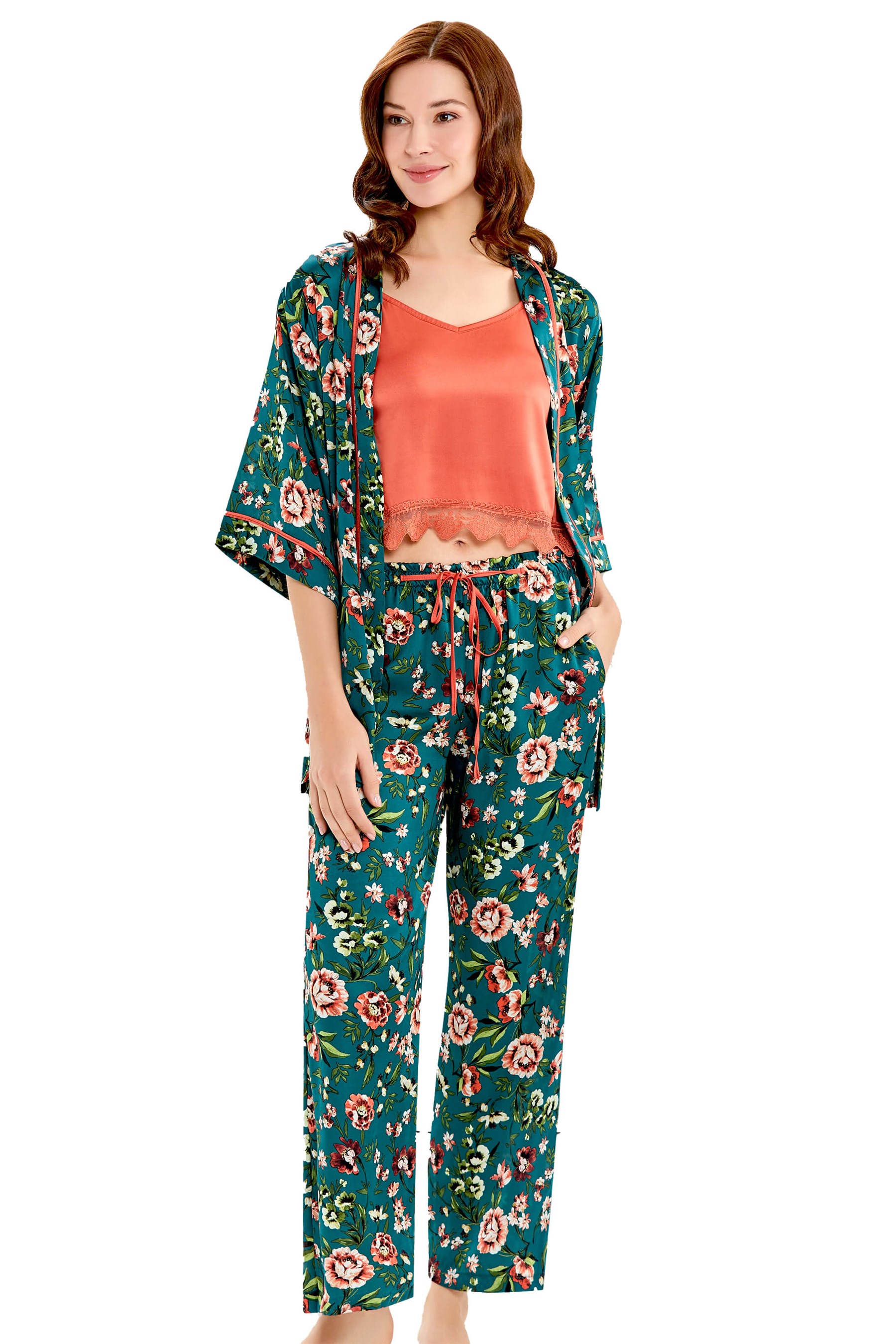 KADIN YAZLIK SATEN ÇİÇEK DESENLİ SABAHLIKLI PİJAMA TAKIM 3LÜ SET FLZ 31-22
