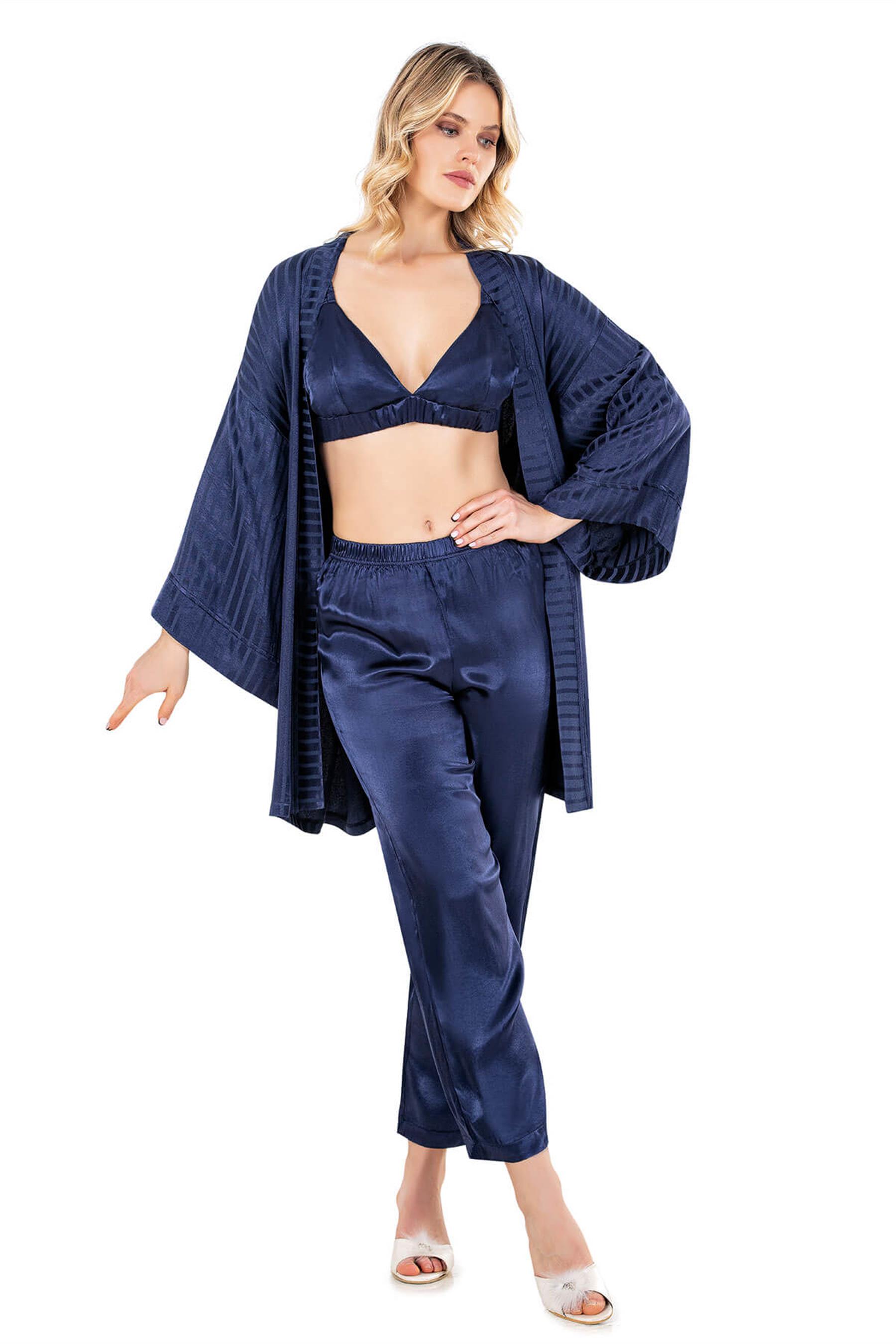 KADIN YAZLIK SATEN ÇİZGİLİ BRALETLİ SABAHLIKLI ÜÇLÜ SET FLZ 31-65