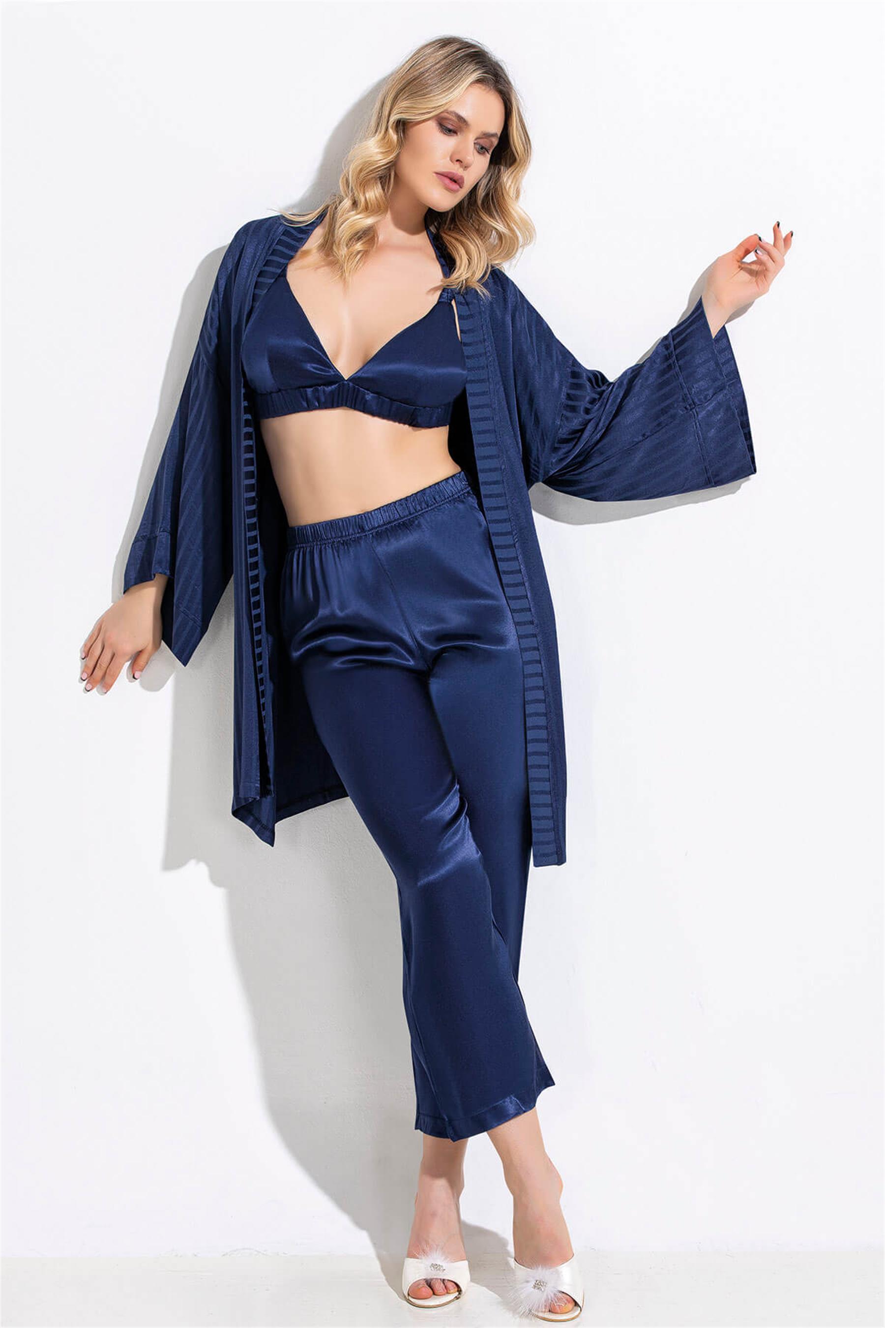 KADIN YAZLIK SATEN ÇİZGİLİ BRALETLİ SABAHLIKLI ÜÇLÜ SET FLZ 31-65