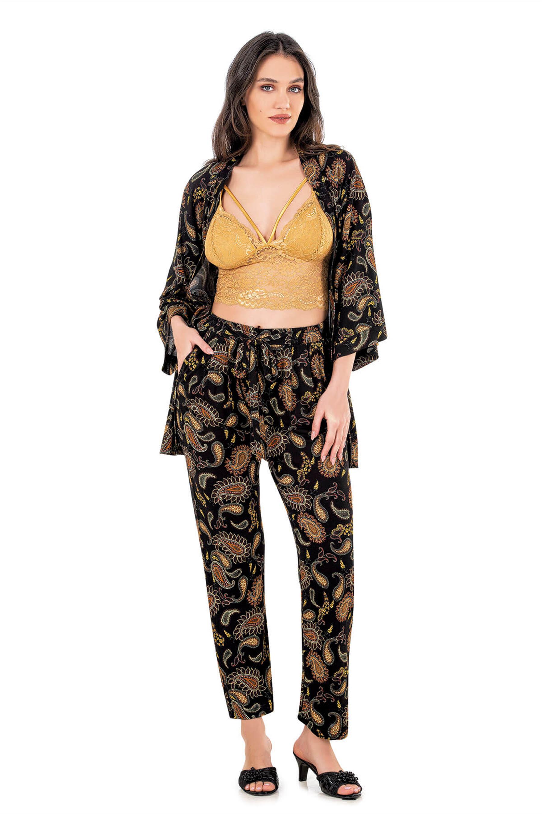 KADIN YAZLIK BRALETLİ SABAHLIKLI PİJAMA ÜÇLÜ TAKIM HOMEWEAR FLZ 31-66
