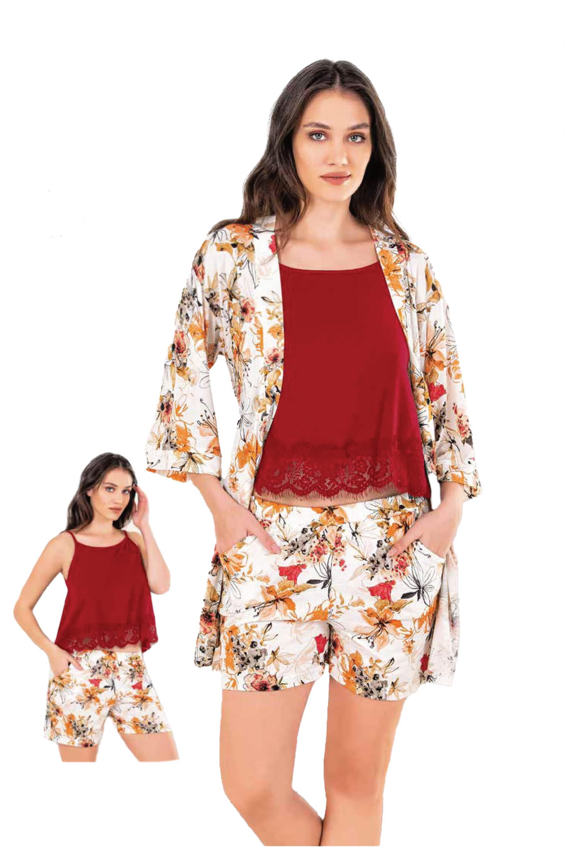 KADIN YAZLIK SABAHLIKLI İP ASKILI ŞORT ÜÇLÜ TAKIM HOMEWEAR FLZ 31-69