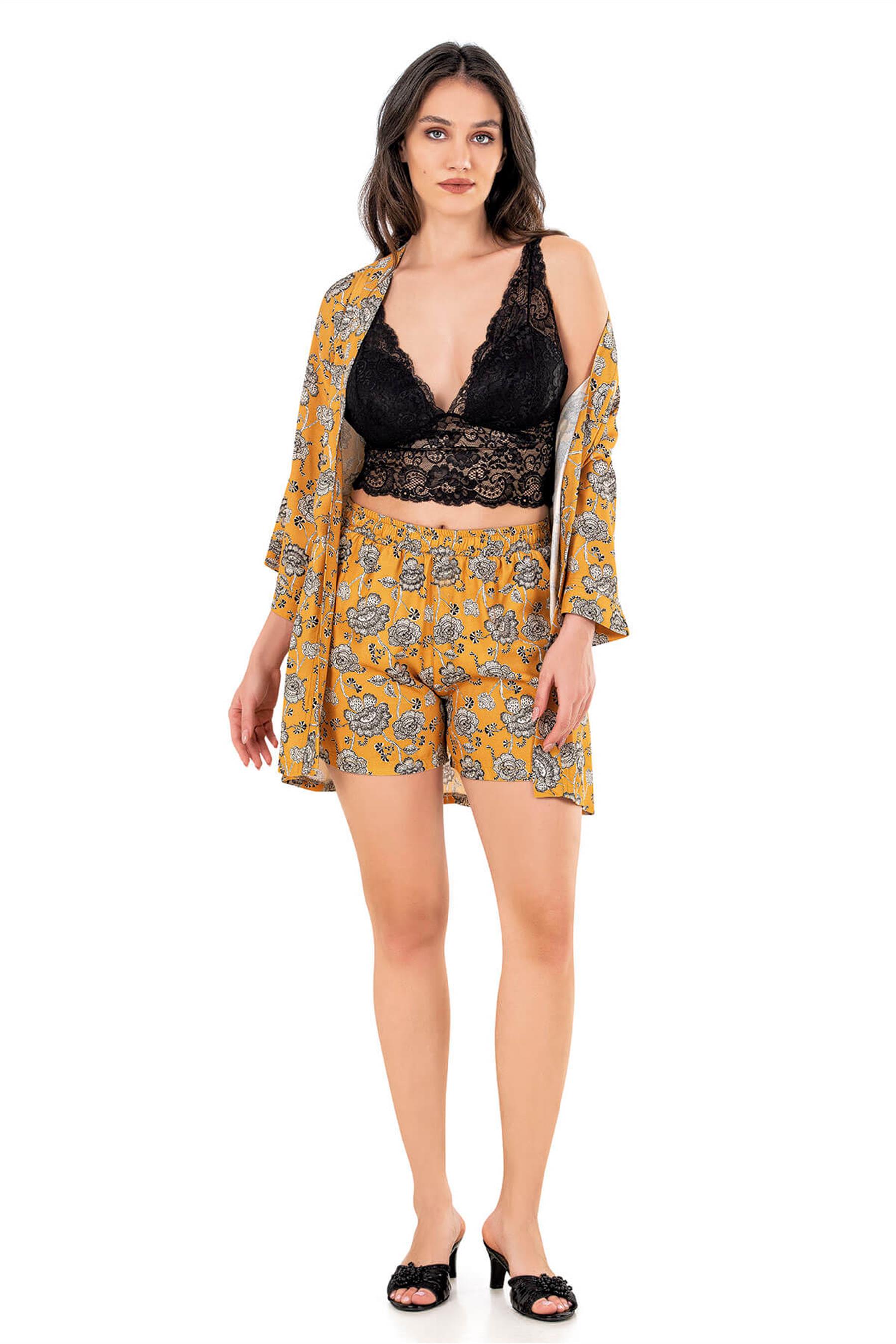 KADIN YAZLIK DOKUMA BRALETLİ SABAHLIKLI ŞORT ÜÇLÜ TAKIM HOMEWEAR FLZ 31-75