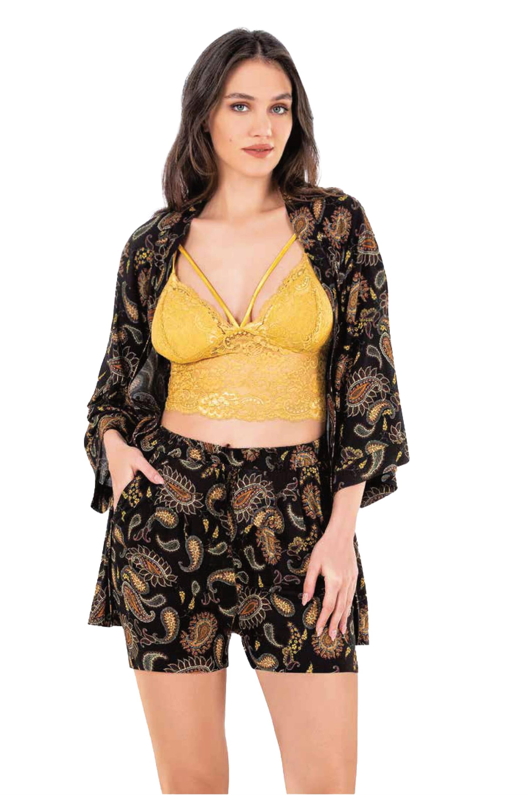 KADIN YAZLIK SABAHLIKLI BRALETLİ ŞORT ÜÇLÜ TAKIM HOMEWEAR FLZ 31-81