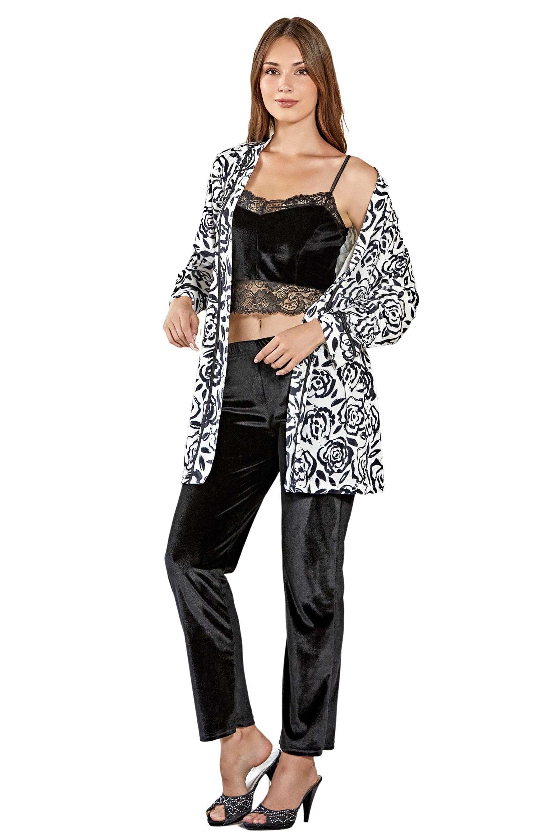 KADİFE BRALETLİ DANTEL DETAYLI SABAHLIKLI 3LÜ TAKIM FLZ 31-94