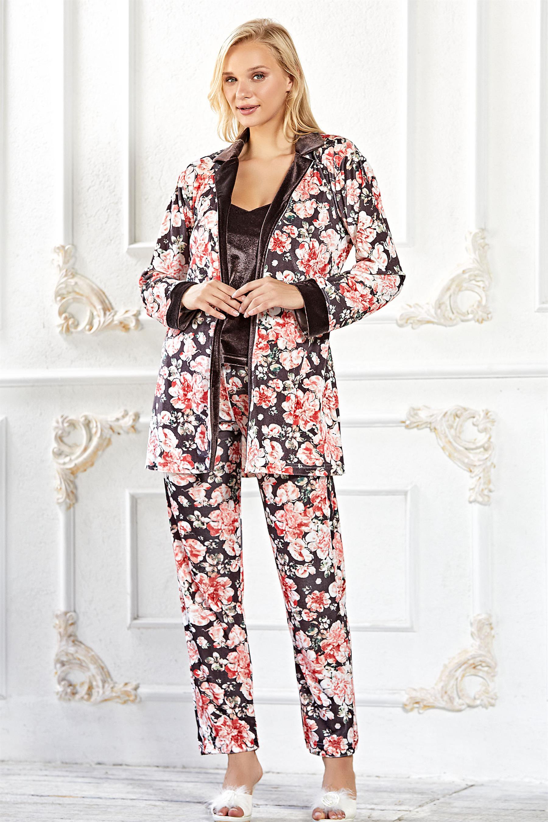 KADİFE SABAHLIKLI ASKILI PİJAMA TAKIM ZARİF ŞIK 3LÜ SET ÖZEL GÜNLER FLZ 31-99