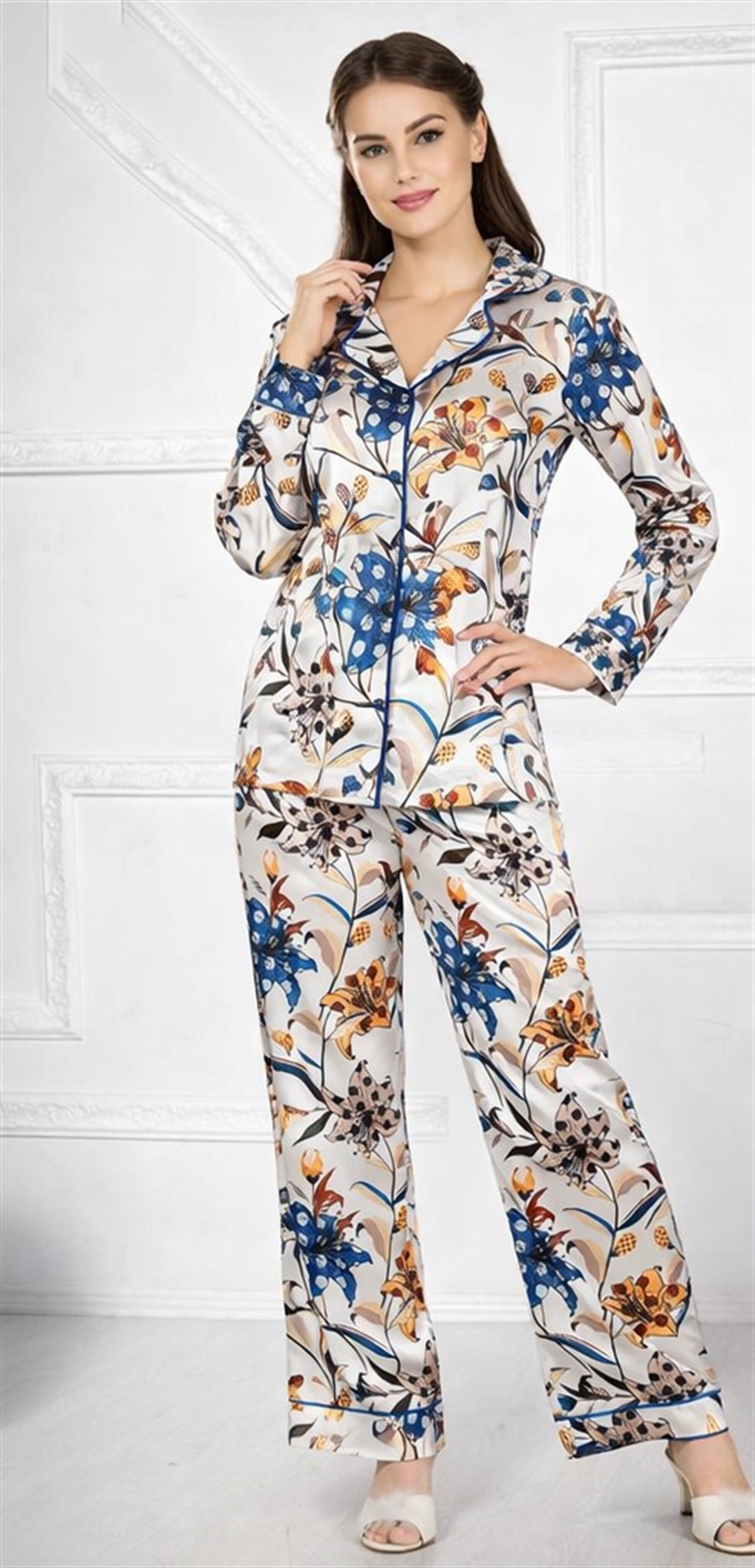 Kadın Saten Pijama Takımı Çiçek Desenli Boydan Düğmeli Uzun Kollu Şık Ev Giyim Takımı FLZ 89-460