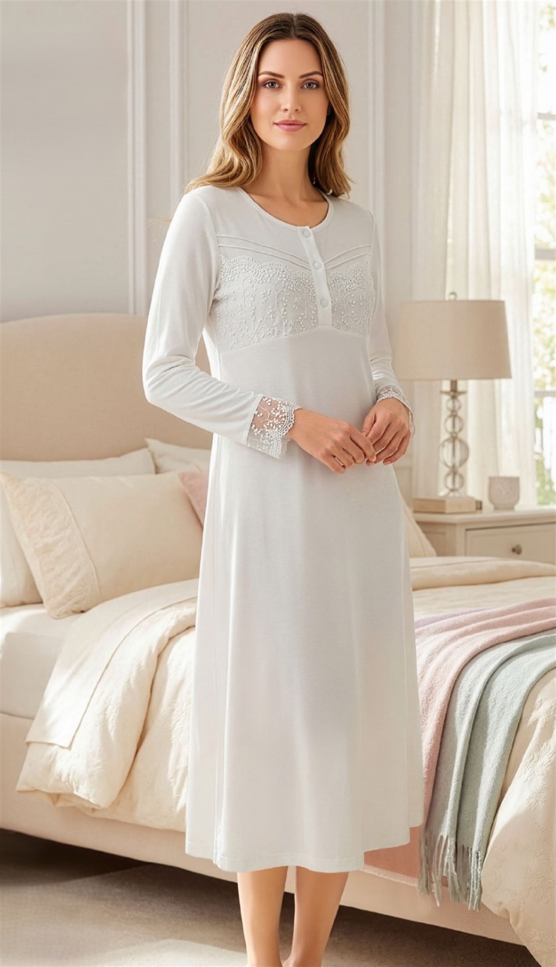 Dantel Detaylı Uzun Kollu Kadın Gecelik – 3 Düğmeli Klasik Tunik | Yumuşak Zakkum Kumaş Premium Rahatlık FLZ 39-37