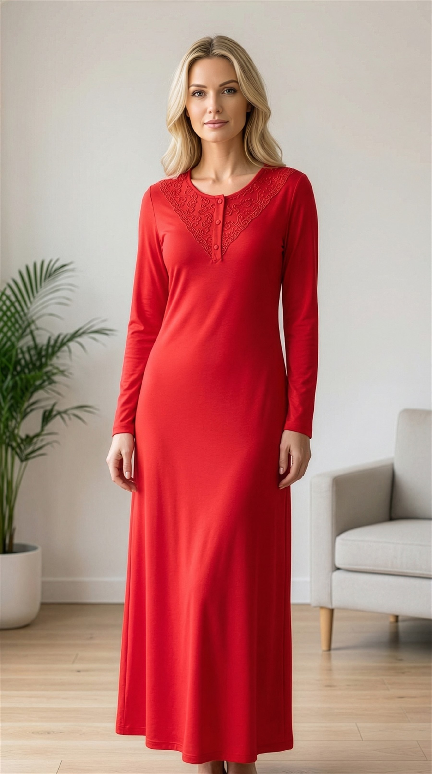 Dantel Detaylı Uzun Kollu Kadın Gecelik – Yumuşak Viskon Kumaş, Şık ve Rahat Ev Giyim FLZ  39-38