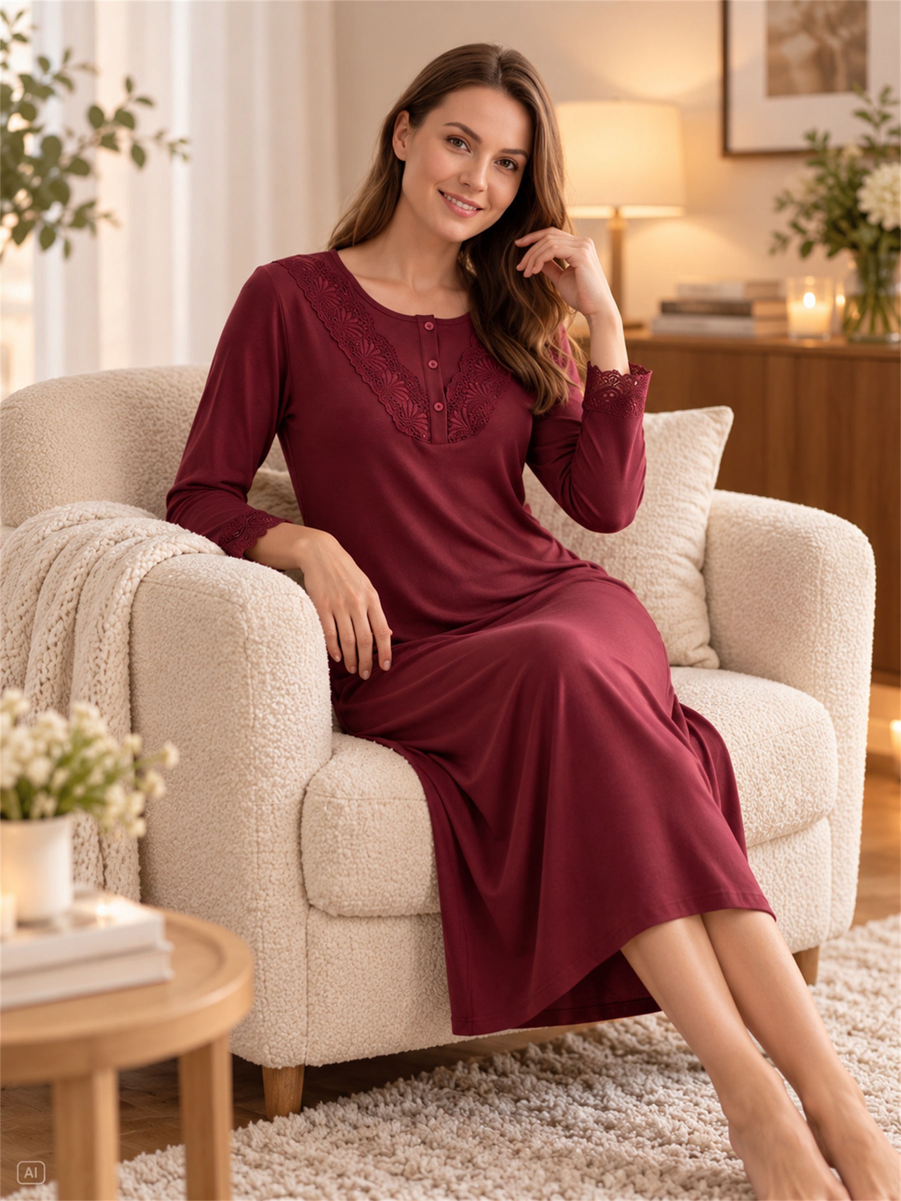 Kadın Viskon Gecelik Uzun Kollu Dantel Detaylı Diz Altı Şık Homewear 39-41
