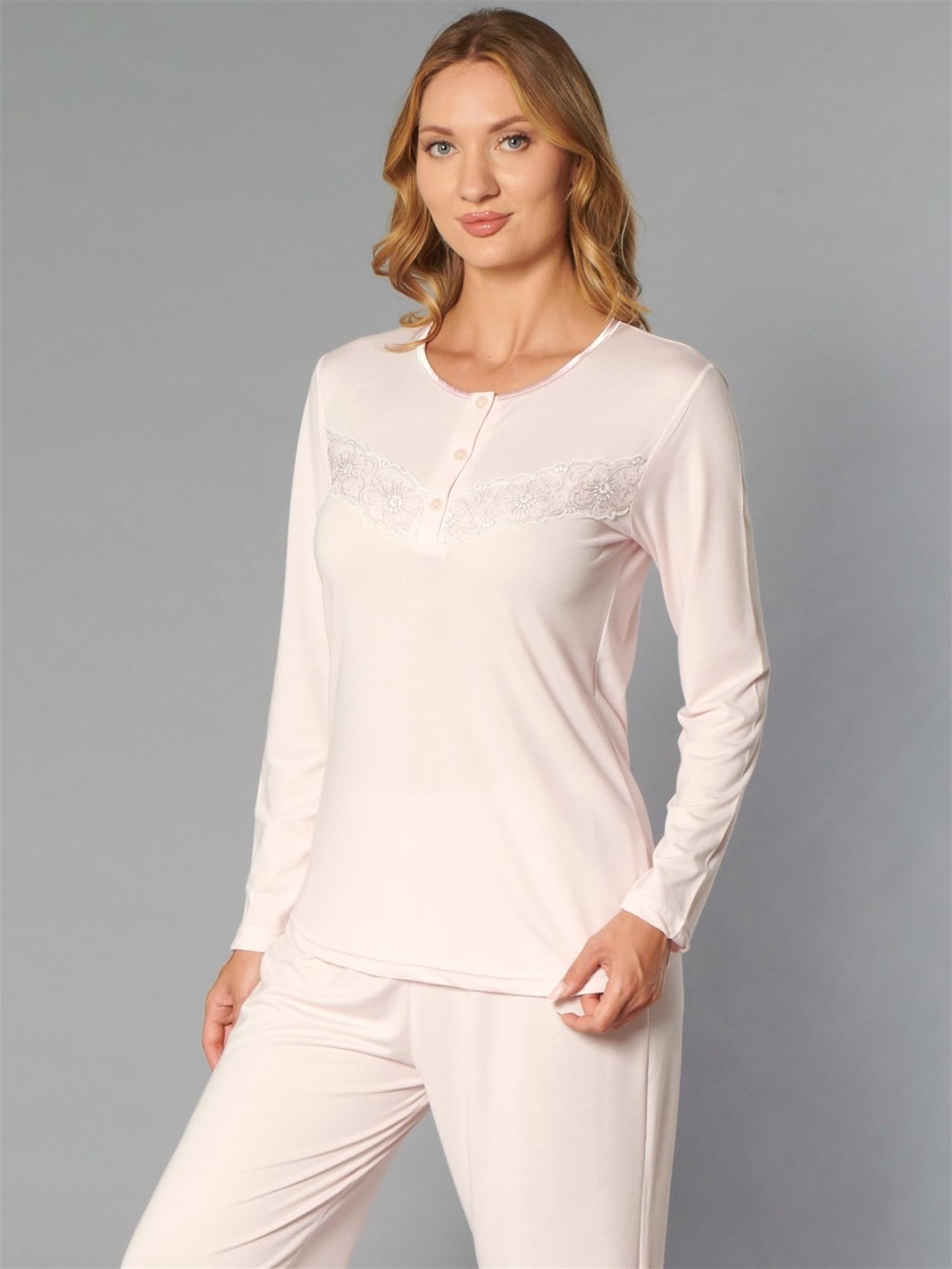 FLZ Uzun Kol Pijama Takımı Viskon Yumuşak Kumaş Kadın Rahat Ev Giyim 89-121 FLZ